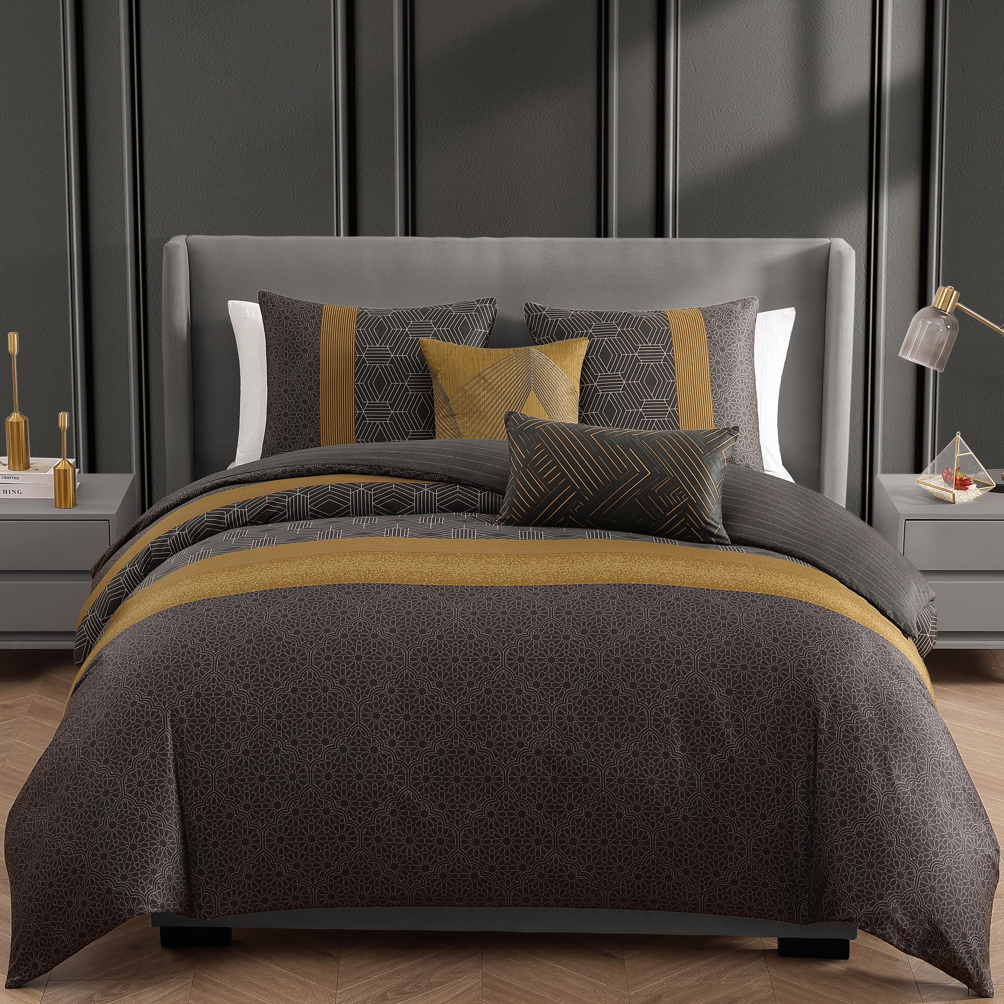Bebejan Golden Hex 5-Piece Queen Comforter Set, Gray, rollover