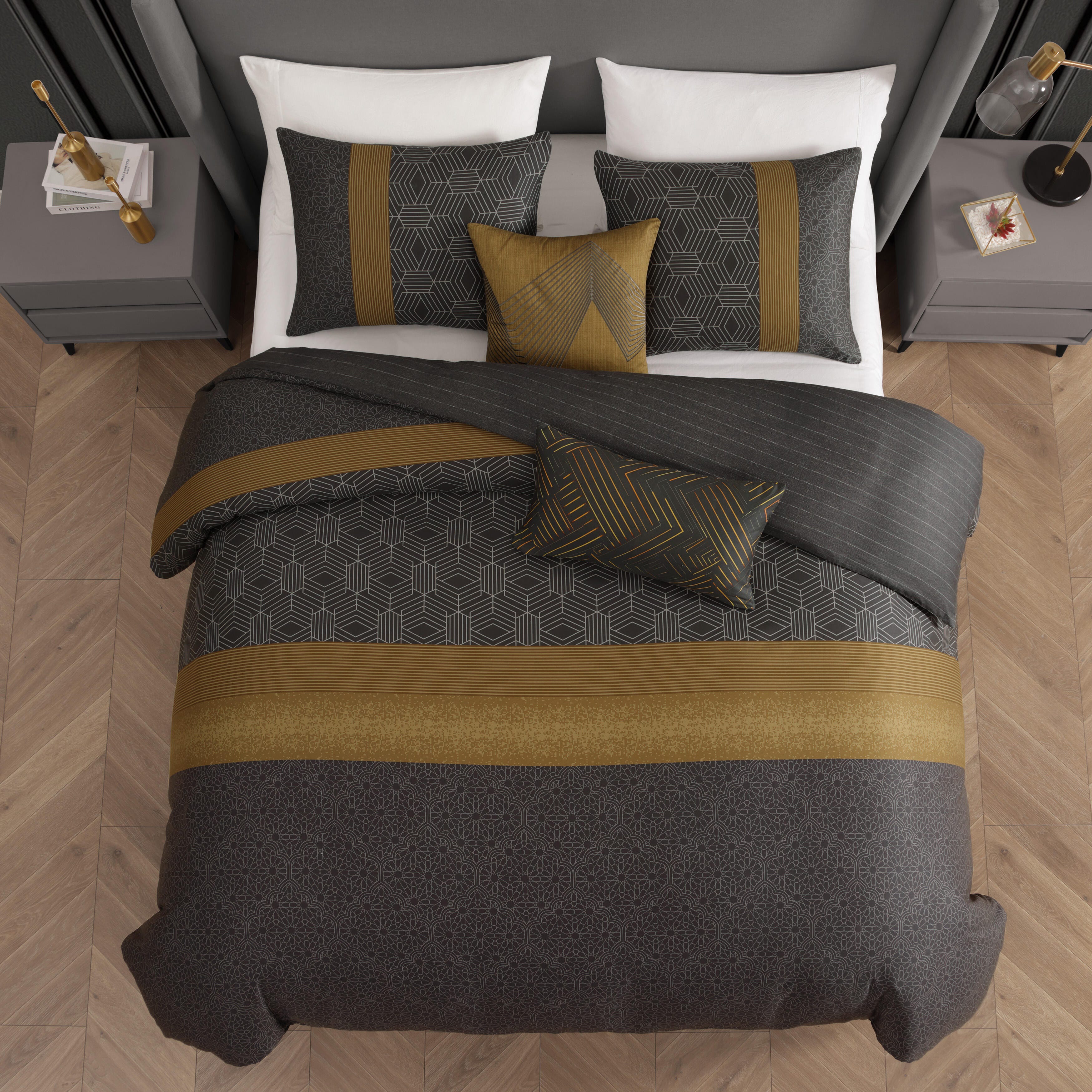 Bebejan Golden Hex 5-Piece Queen Comforter Set, Gray, large