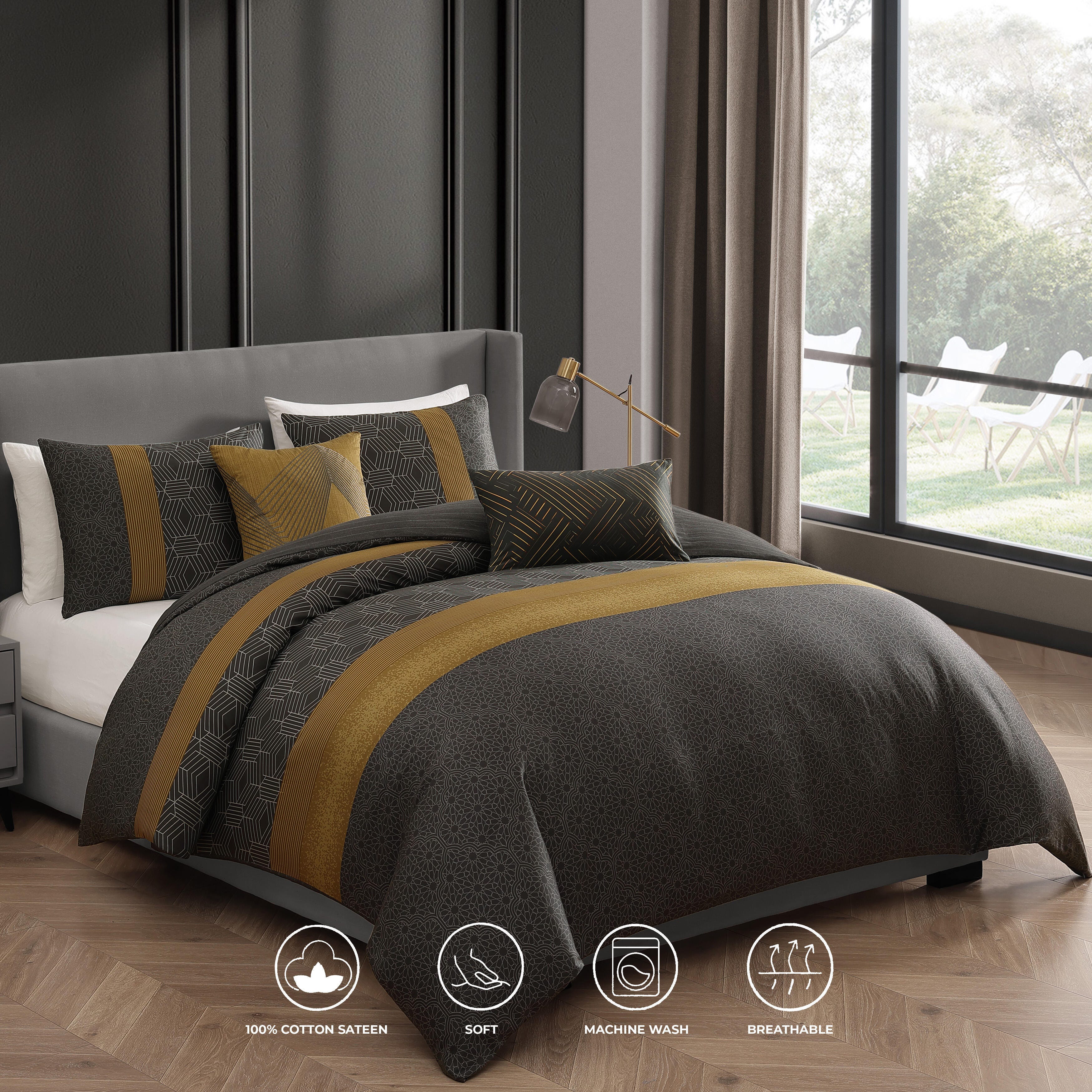 Bebejan Golden Hex 5-Piece Queen Comforter Set, Gray, large