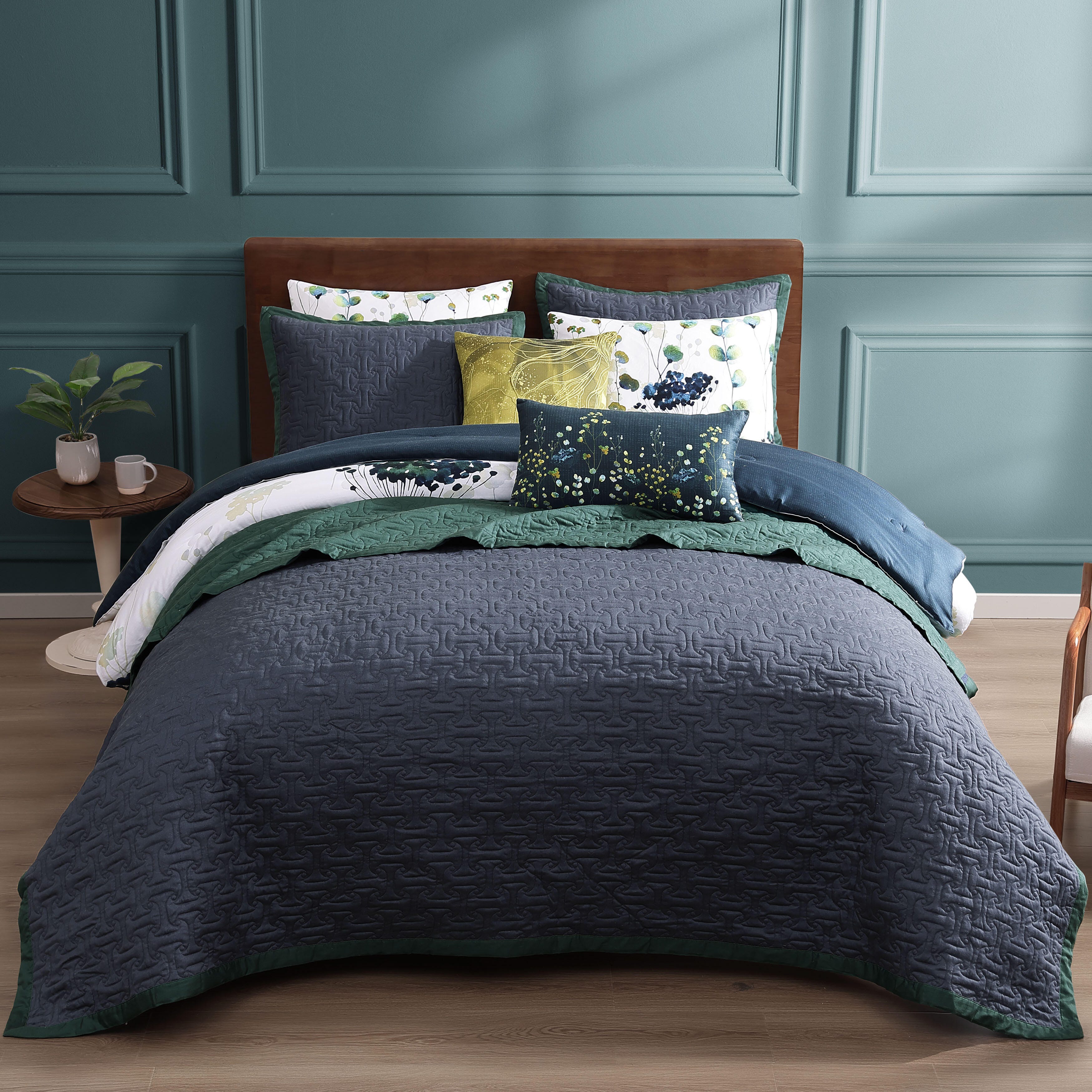 Bebejan Vines 8 Piece Queen Comforter Set, Blue, large