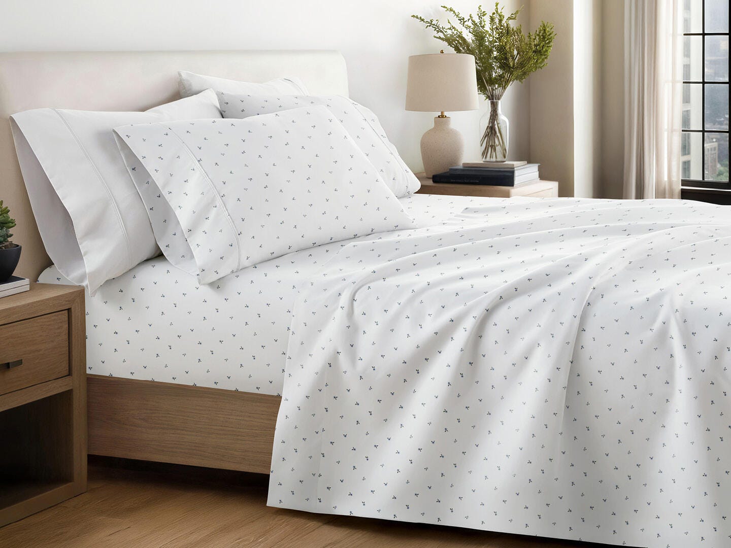 iEnjoy Home Floral 4 Piece Queen Sheet Set, White/Blue, large