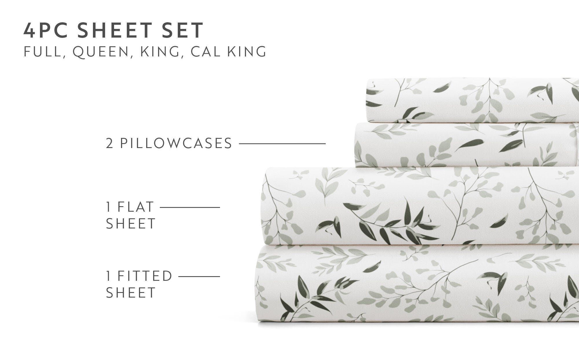 iEnjoy Home Foliage 4 Piece Full Sheet Set, Eucalyptus, large