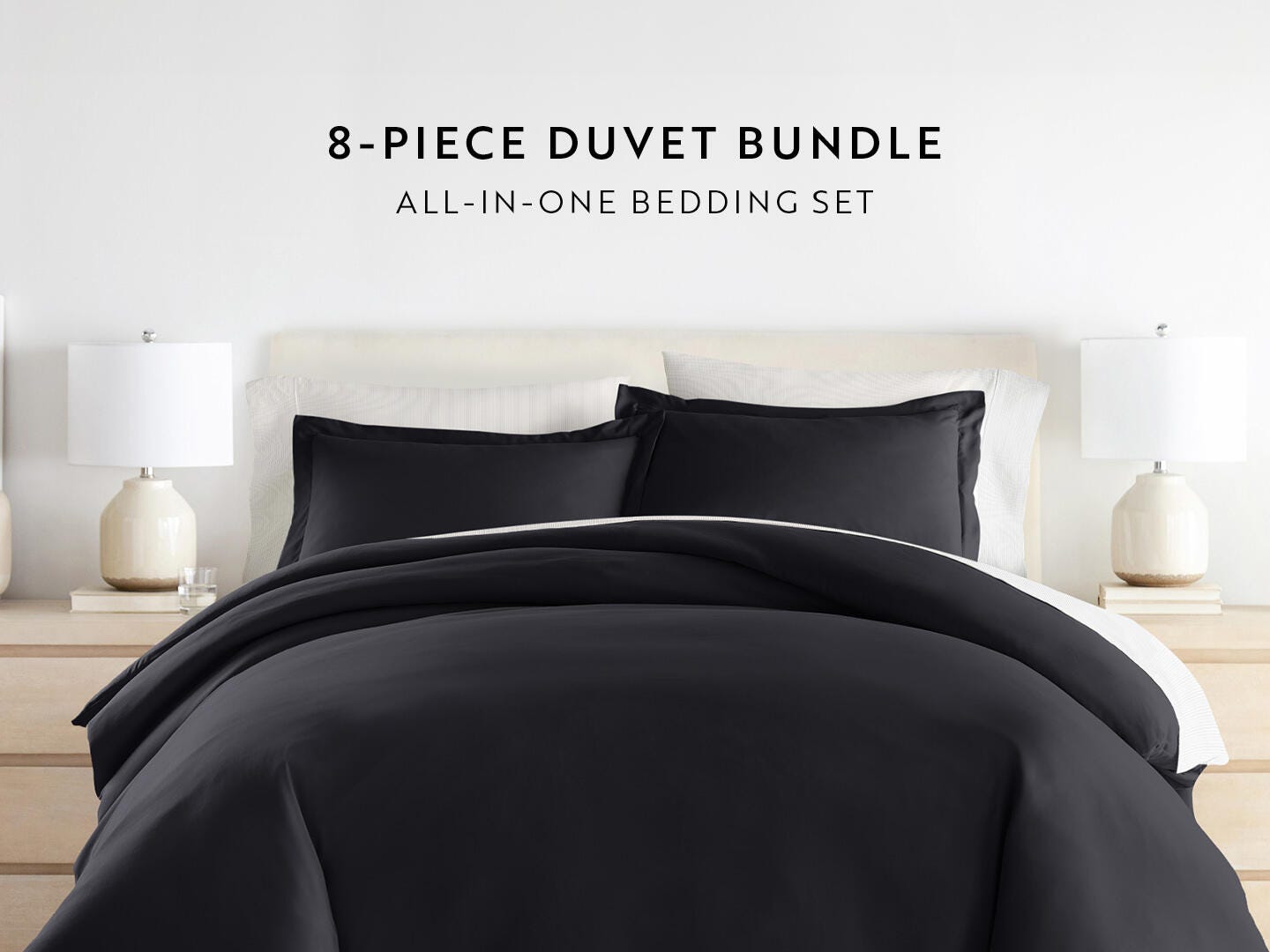 iEnjoy Home Pinstriped 8 Piece Queen Duvet Set, Black, large