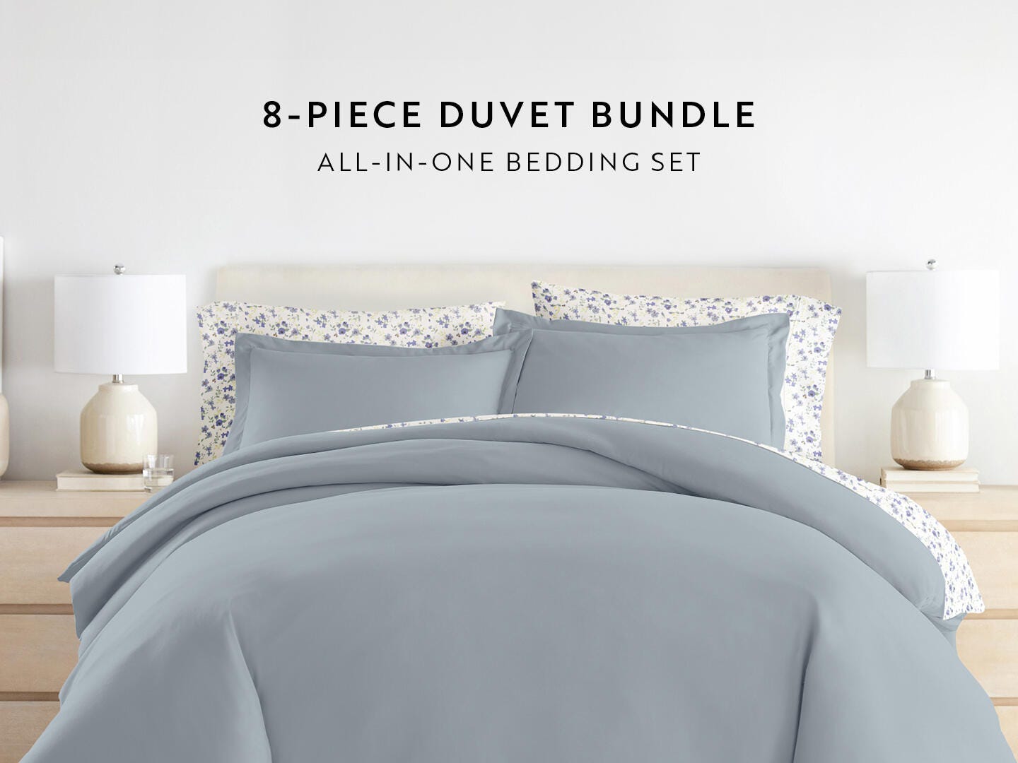 iEnjoy Home Blossoms 8 Piece Queen Duvet Set, Light Blue, large