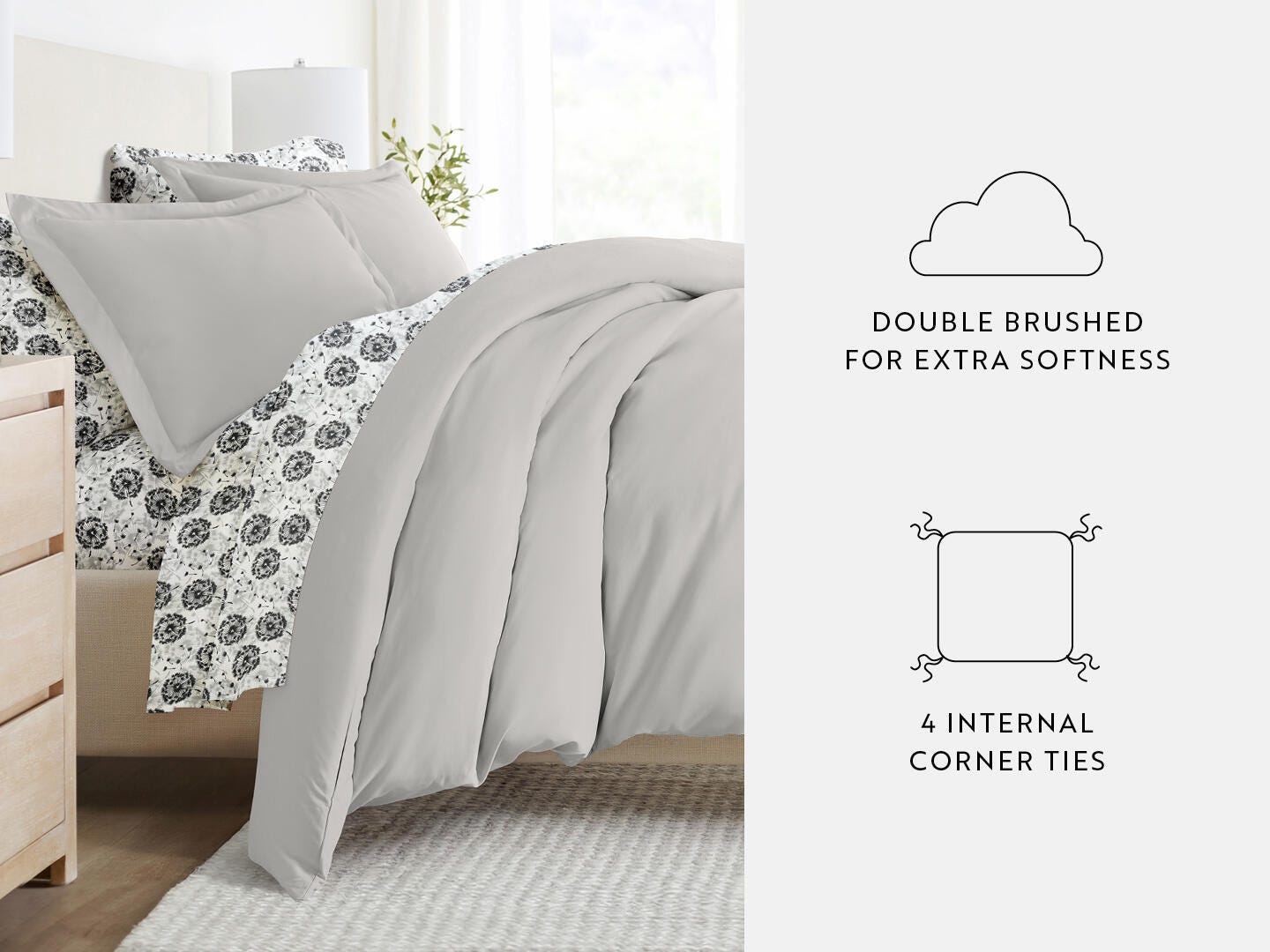 iEnjoy Home Dandelion 8 Piece California King Duvet Set, Light Gray, large