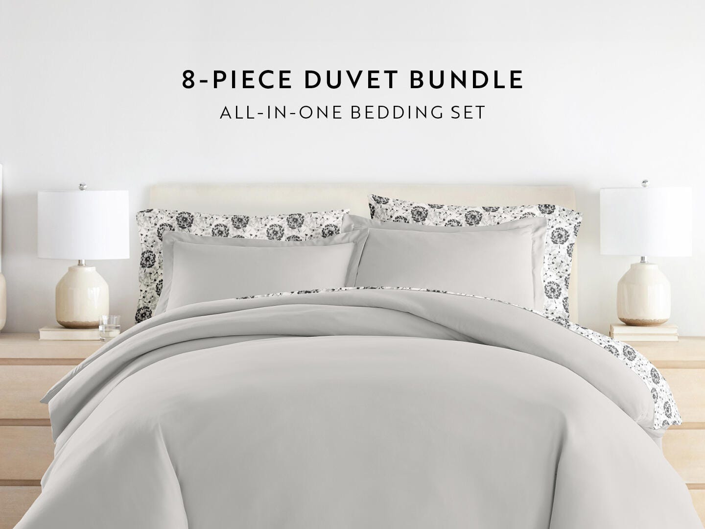 iEnjoy Home Dandelion 8 Piece King Duvet Set, Light Gray, large