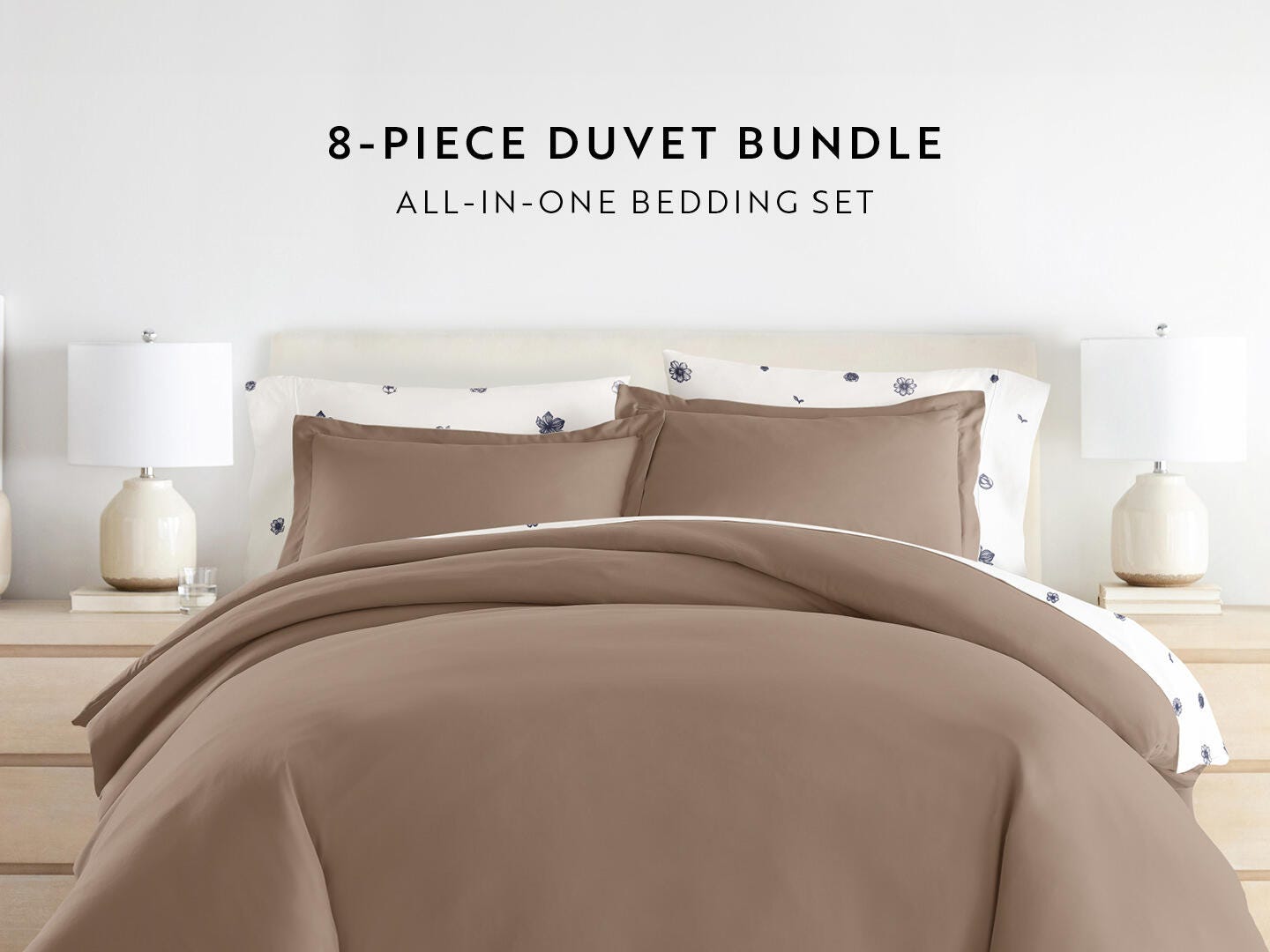 iEnjoy Home Flowers 8 Piece King Duvet Set, Taupe, large