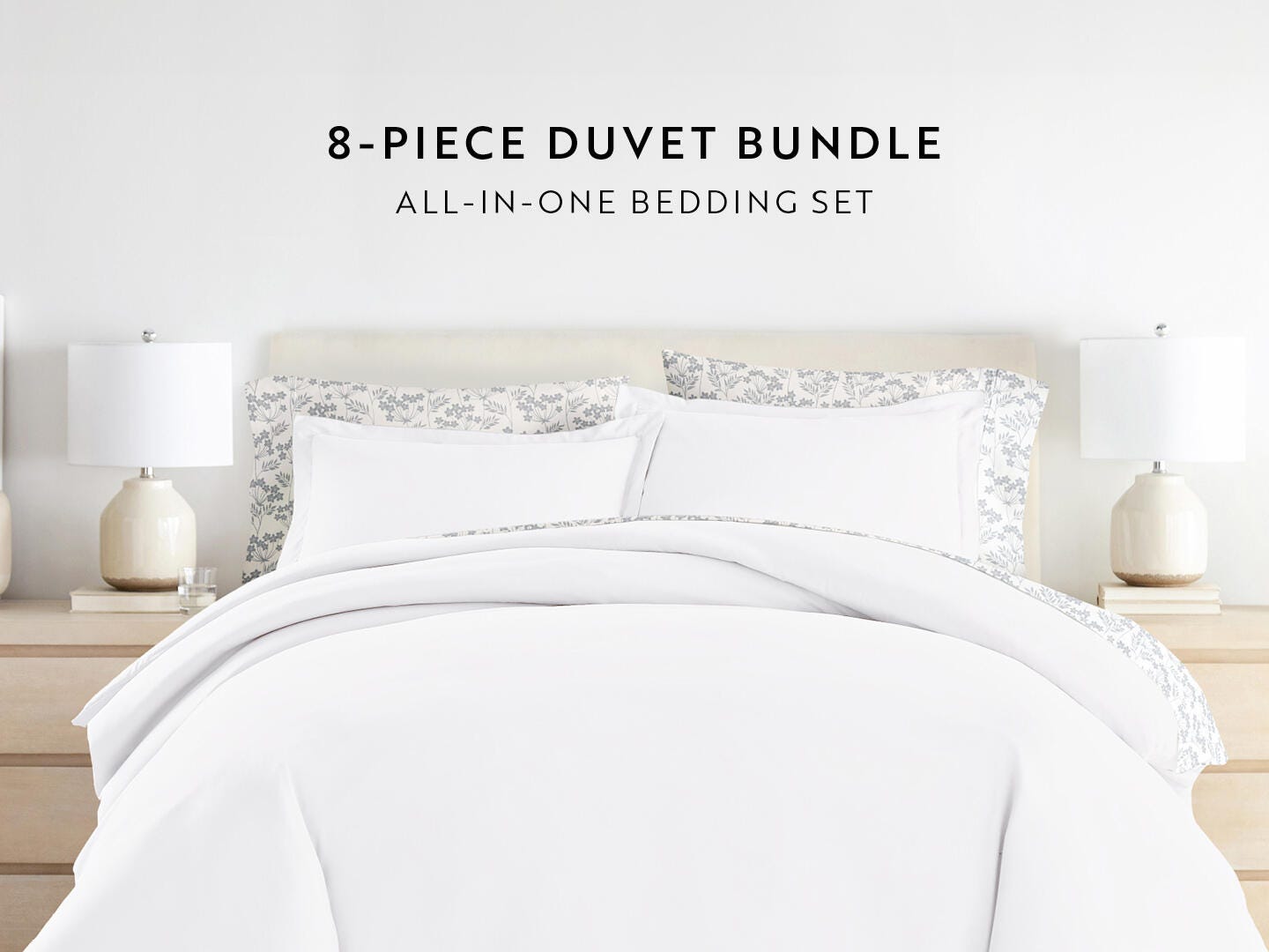 iEnjoy Home Sleek 8 Piece Full Duvet Set, White, large