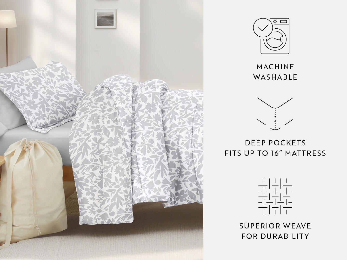 iEnjoy Home Floral 8 Piece Twin XL Comforter Set, White, large