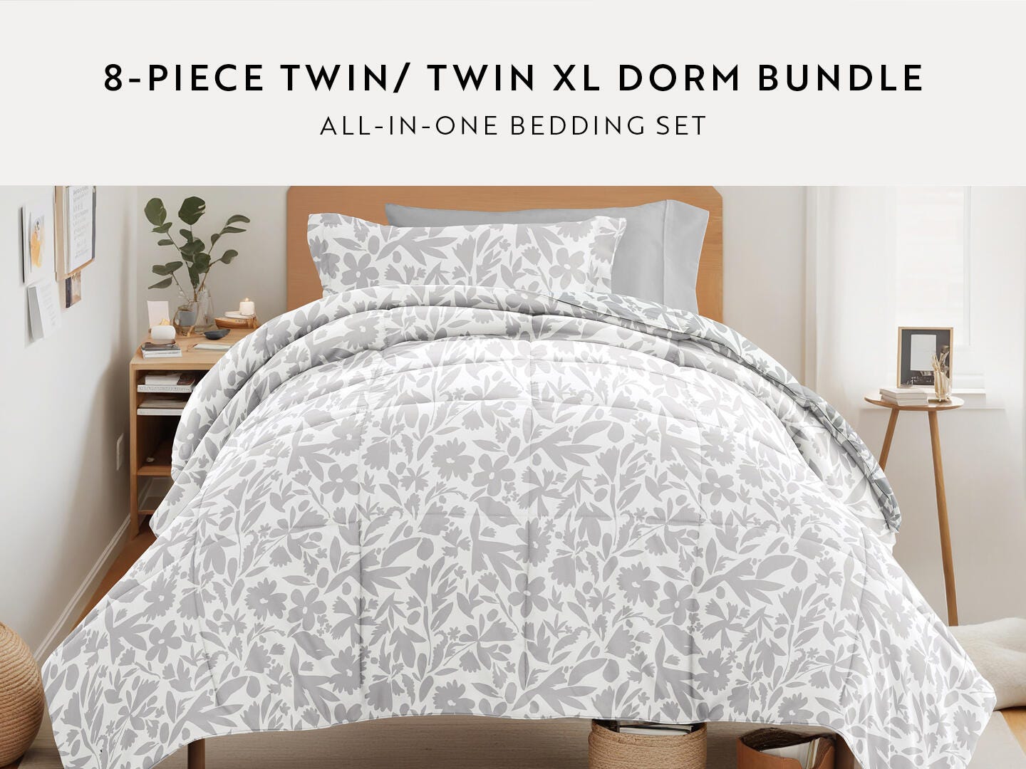 iEnjoy Home Floral 8 Piece Twin XL Comforter Set, White, large
