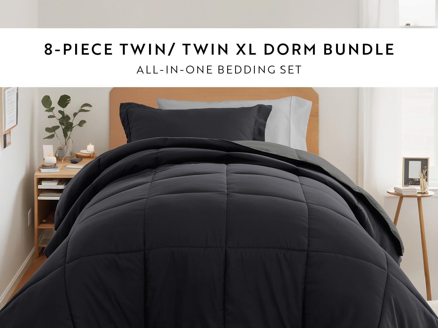 iEnjoy Home Solid 8 Piece Twin XL Comforter Set, Black, large