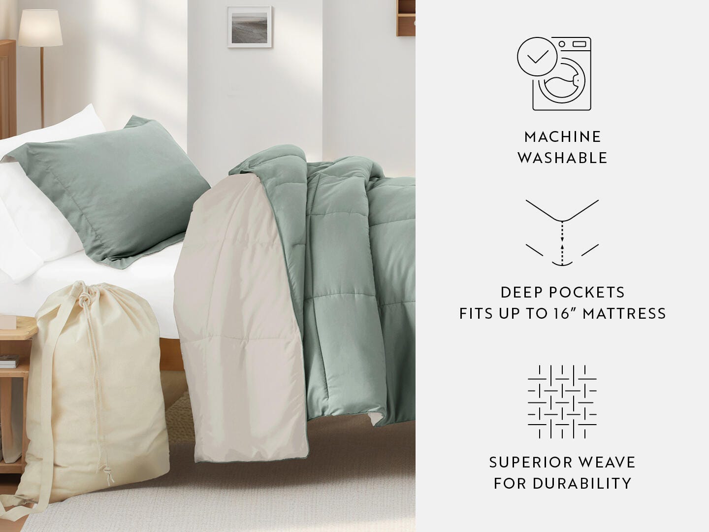 iEnjoy Home Solid 8 Piece Twin XL Comforter Set, Eucalyptus/Natural, large