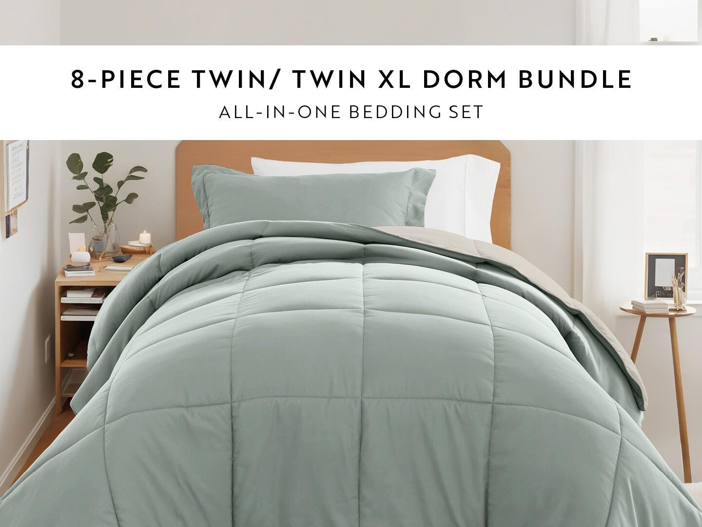 iEnjoy Home Solid 8 Piece Twin XL Comforter Set, Eucalyptus/Natural, large