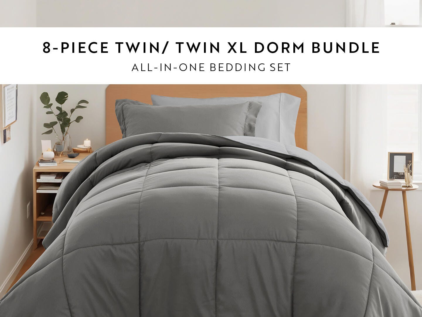 iEnjoy Home Solid 8 Piece Twin XL Comforter Set, Gray, large