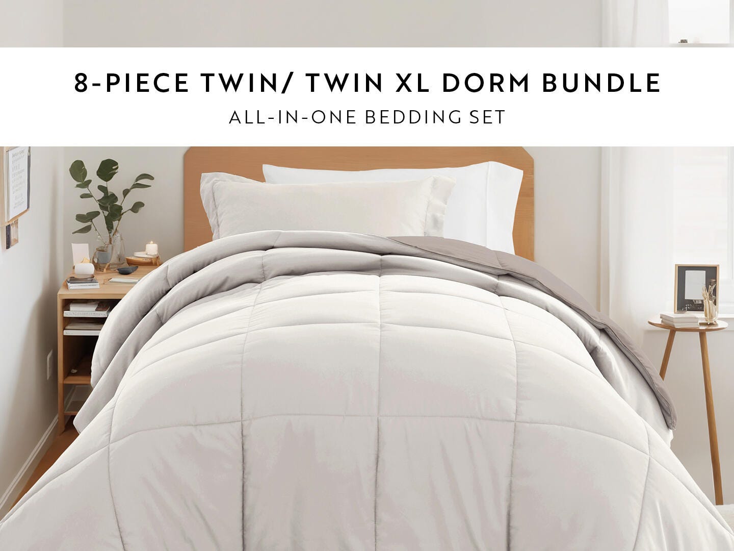 iEnjoy Home Solid 8 Piece Twin XL Comforter Set, Beige, large
