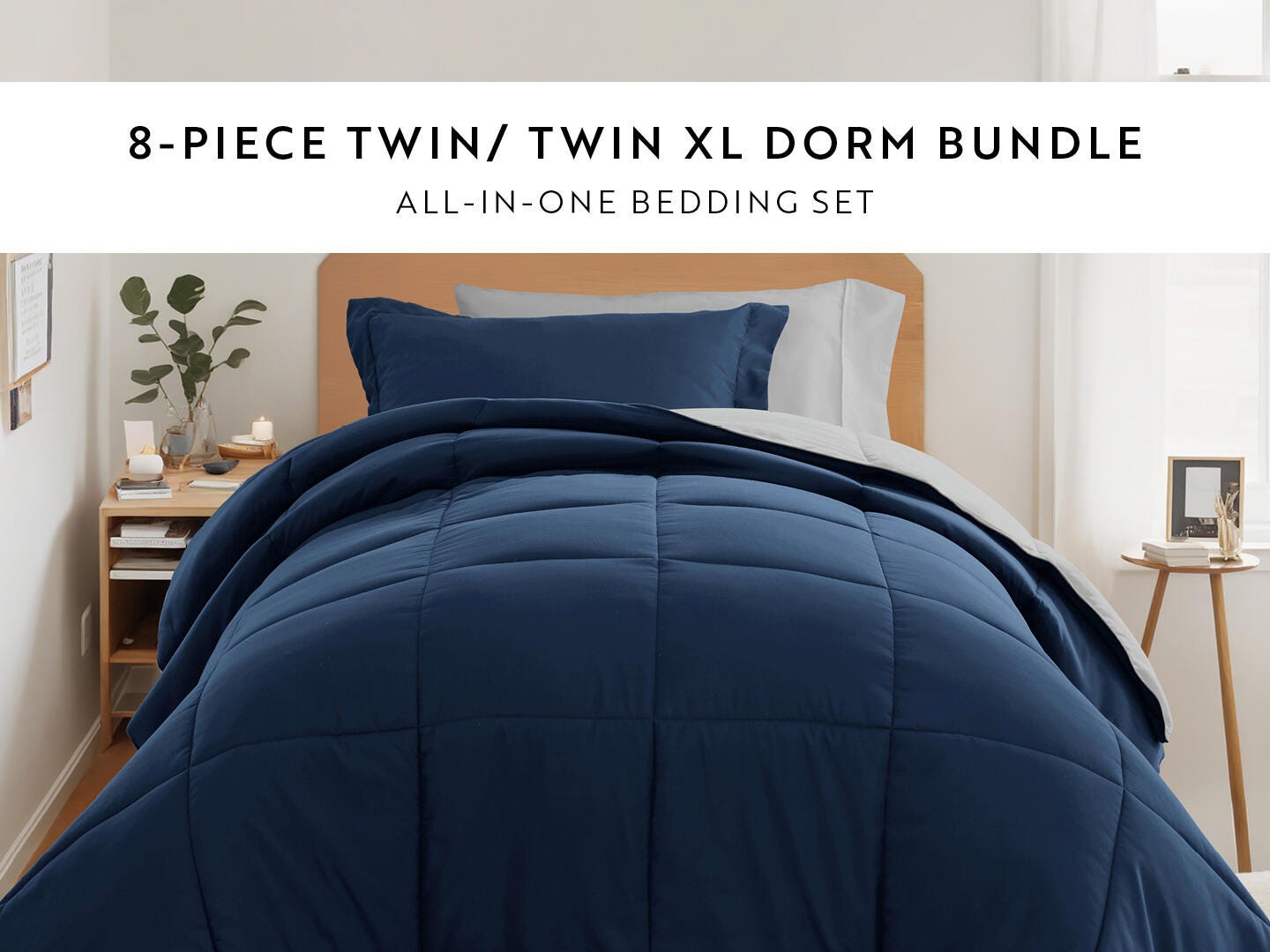 iEnjoy Home Solid 8 Piece Twin XL Comforter Set, Navy, large