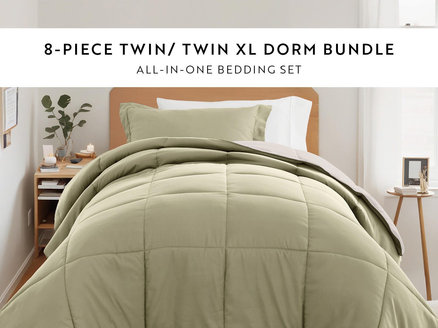 iEnjoy Home Solid 8 Piece Twin XL Comforter Set, Sage Green, large