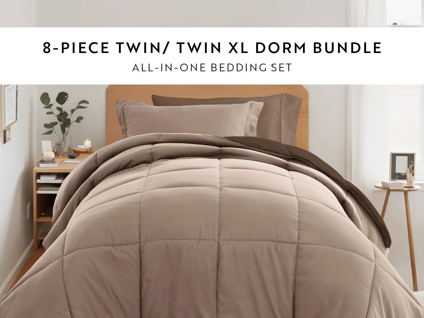 iEnjoy Home Solid 8 Piece Twin XL Comforter Set, Brown, large