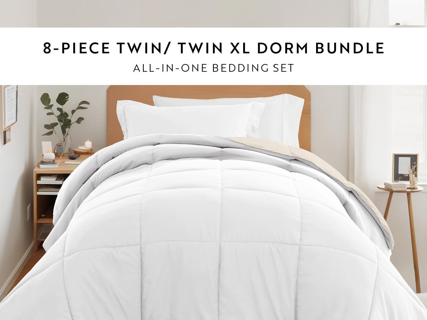 iEnjoy Home Solid 8 Piece Twin XL Comforter Set, White/Ivory, large