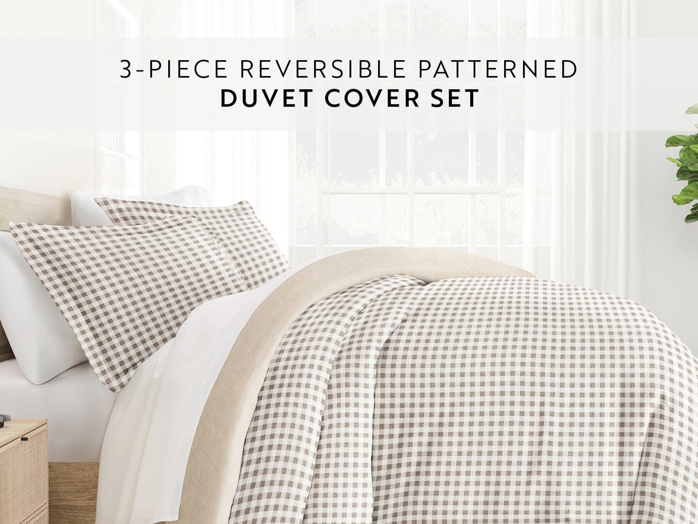 iEnjoy Home Gingham 3 Piece King/California King Duvet Set, Natural, large