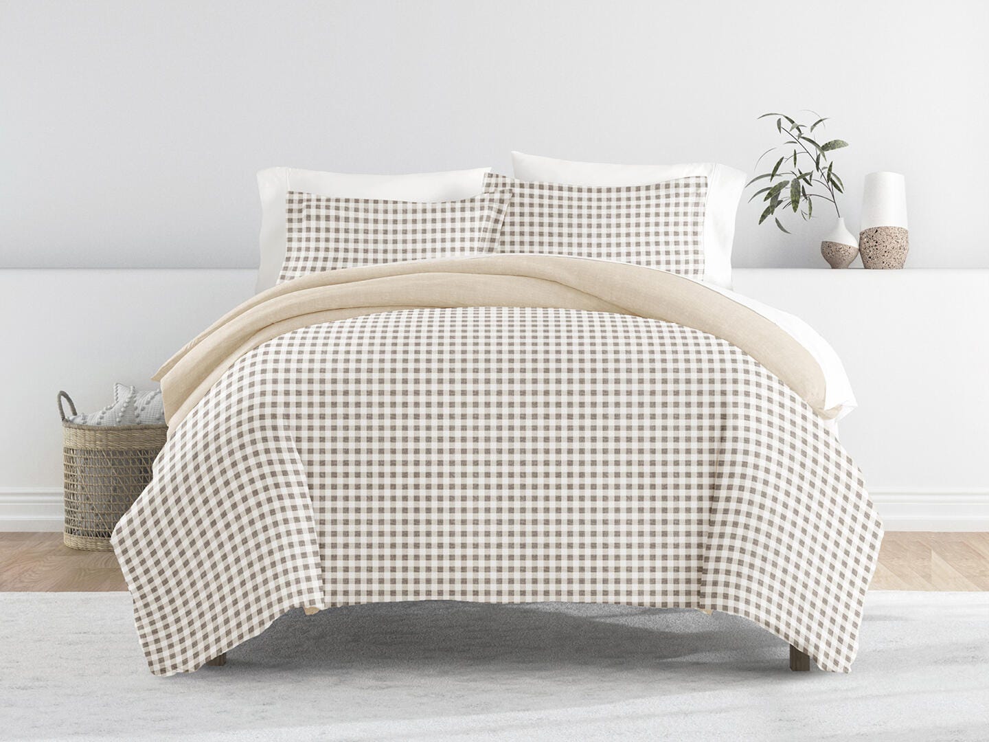 iEnjoy Home Gingham 3 Piece King/California King Duvet Set, Natural, large