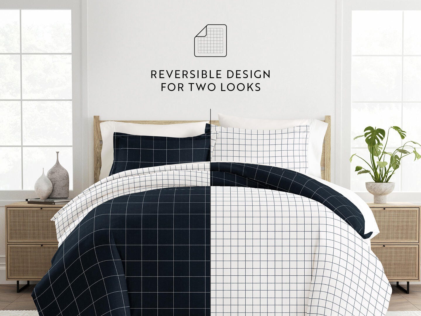 iEnjoy Home Checkered 2 Piece Twin/Twin XL Duvet Set, Navy, large