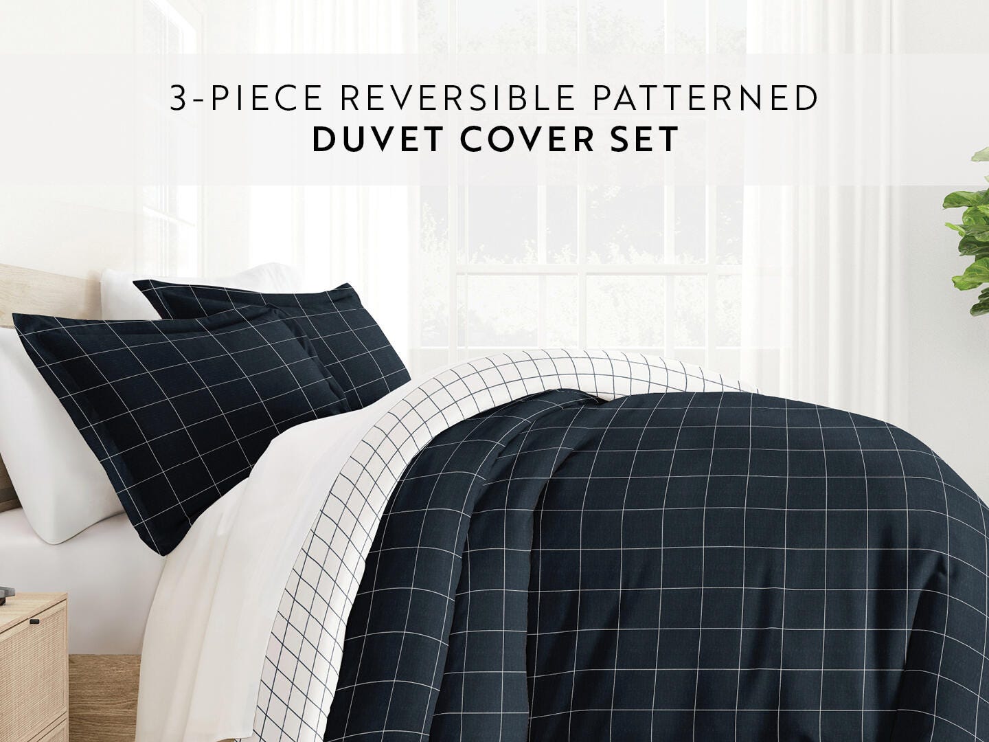 iEnjoy Home Checkered 3 Piece King/California King Duvet Set, Navy, large