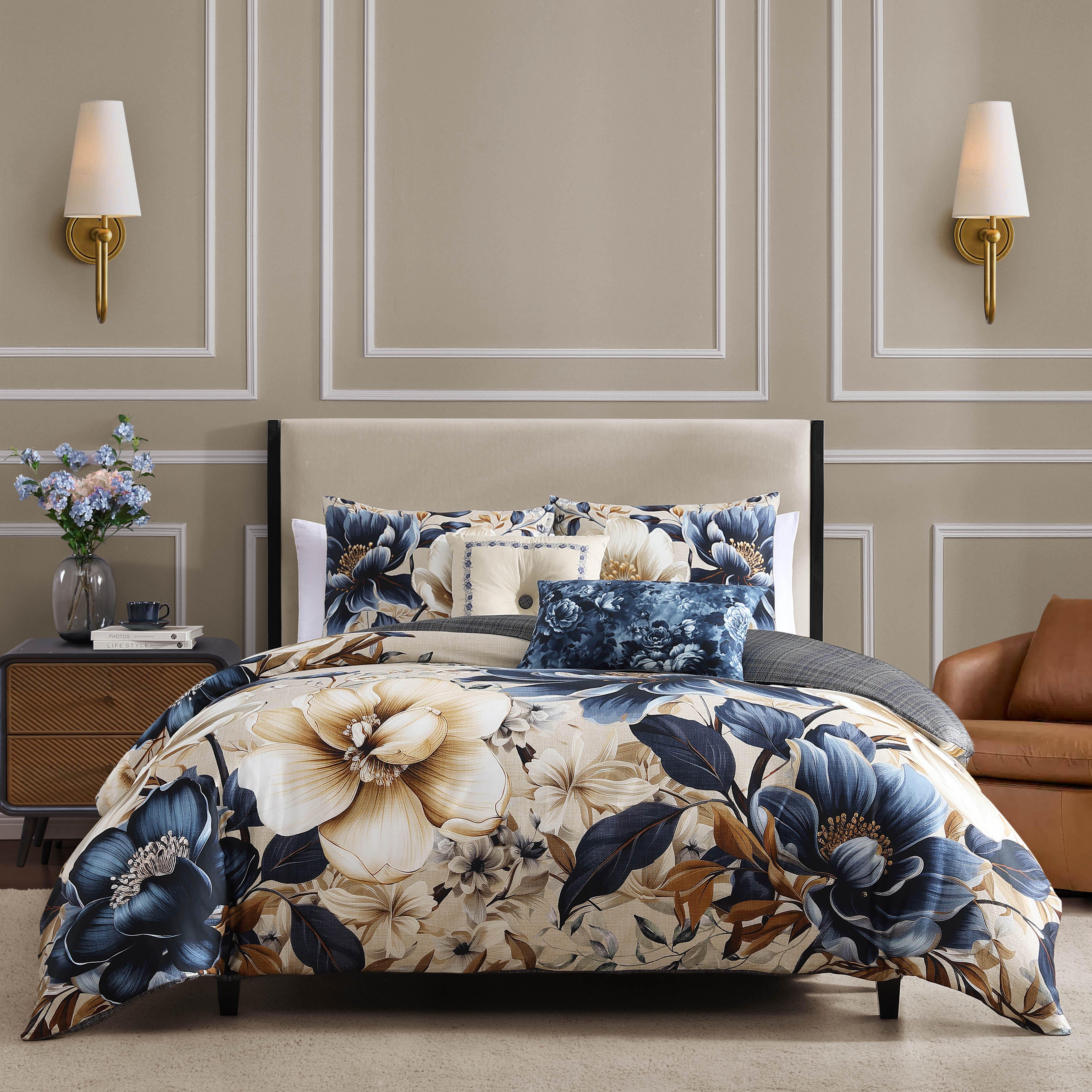 Bebejan English Manor 5 Piece Queen Comforter Set, Blue/Ivory, large