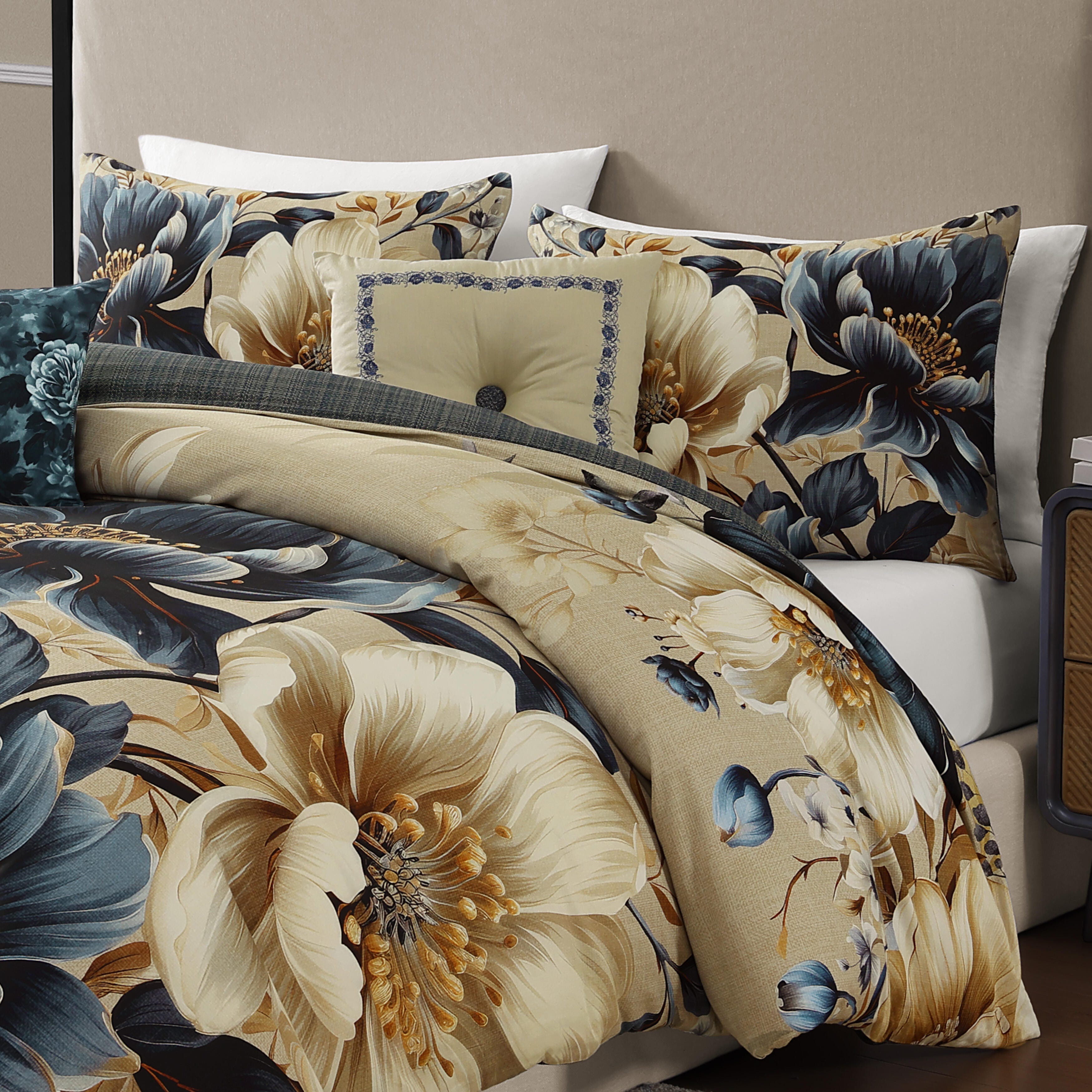 Bebejan English Manor 5 Piece Queen Comforter Set, Blue/Ivory, large