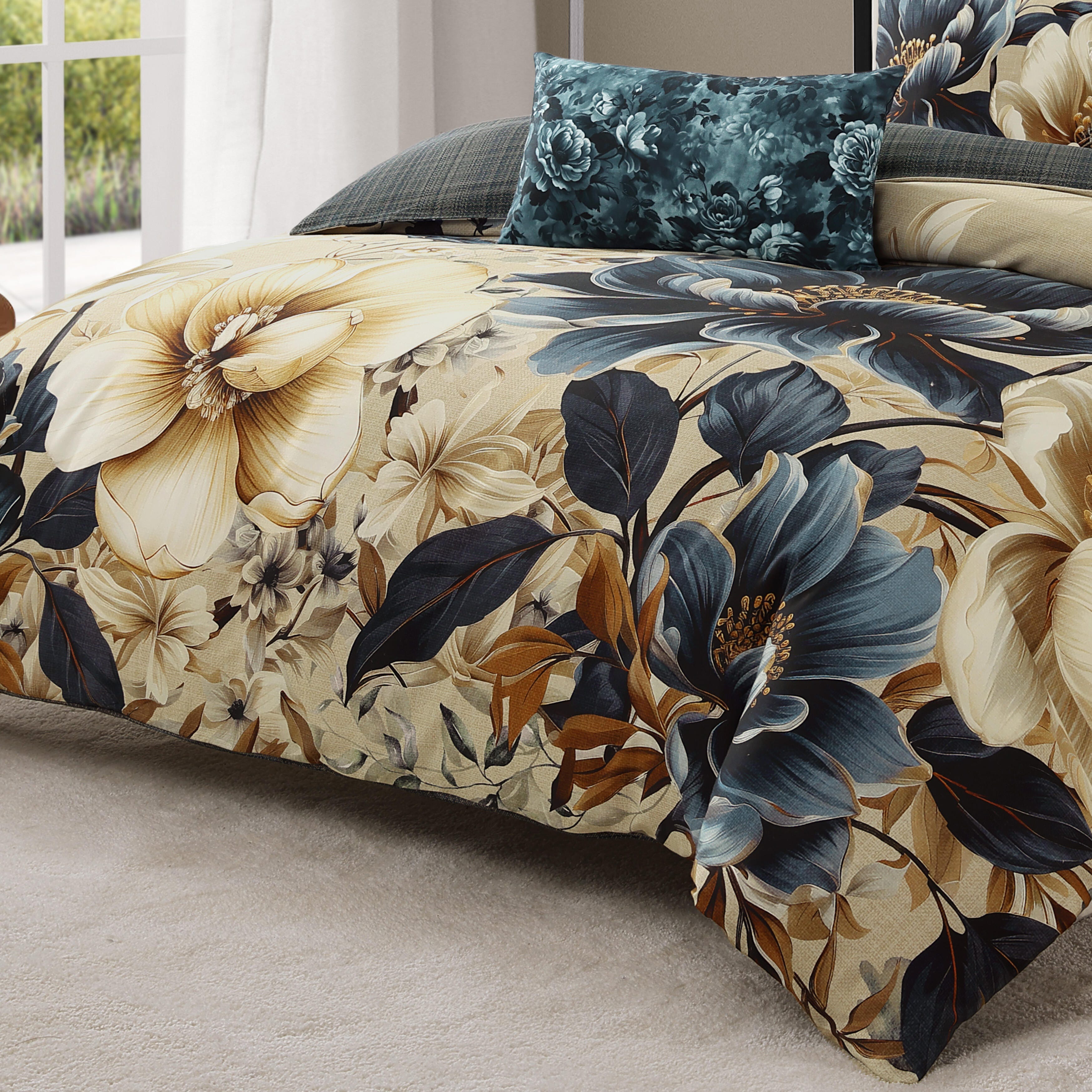 Bebejan English Manor 5 Piece Queen Comforter Set, Blue/Ivory, large