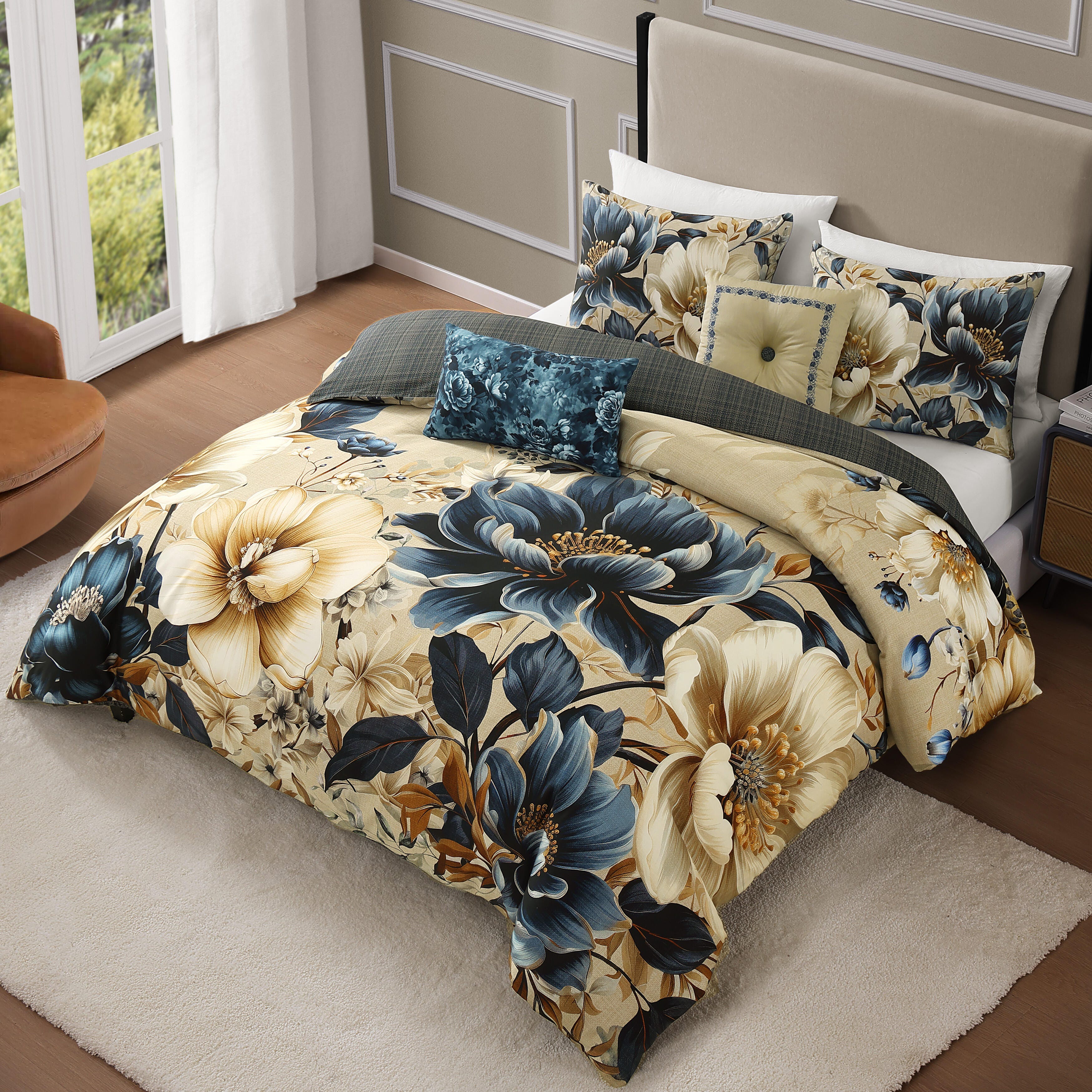 Bebejan English Manor 5 Piece King Comforter Set, Blue/Ivory, large