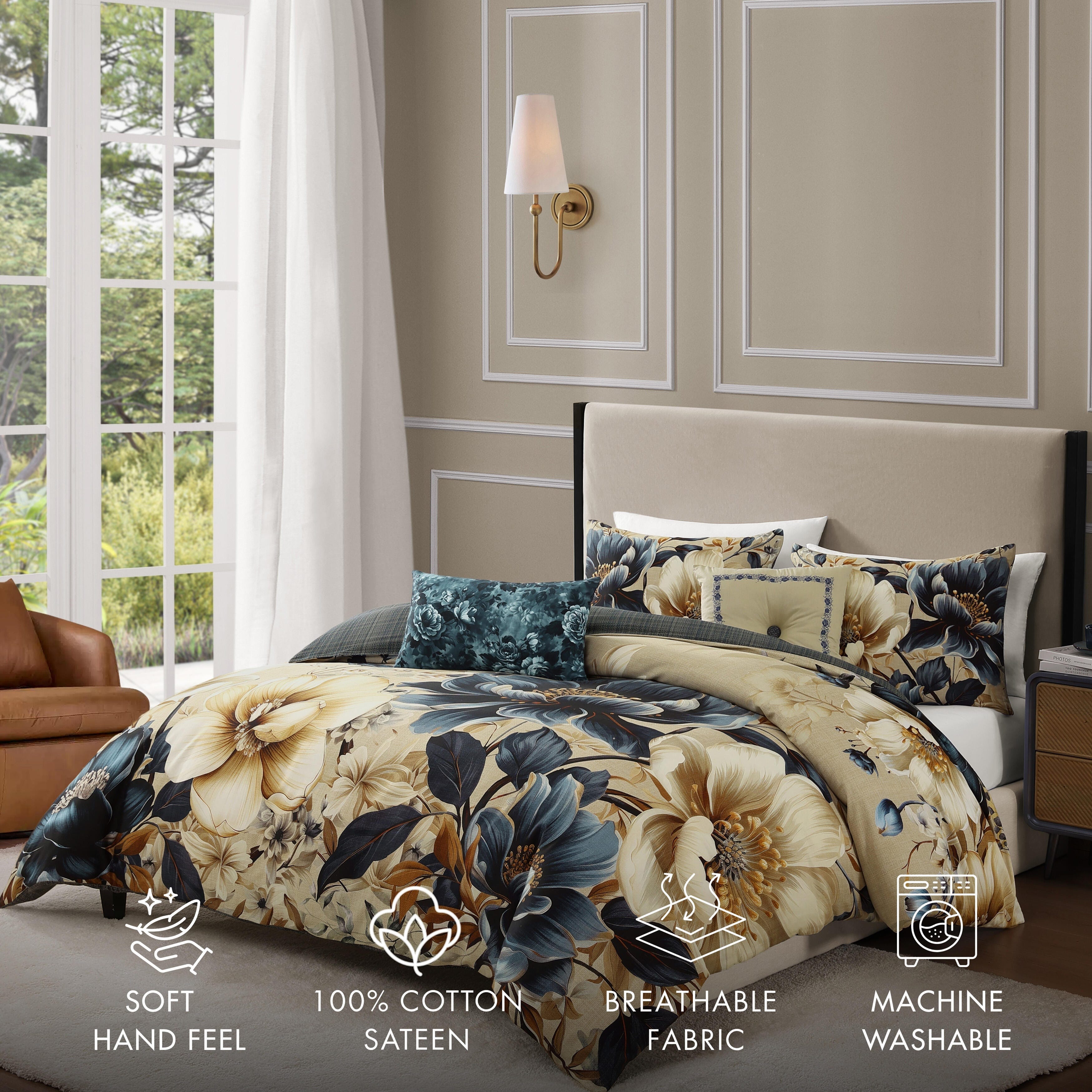 Bebejan English Manor 5 Piece King Comforter Set, Blue/Ivory, large