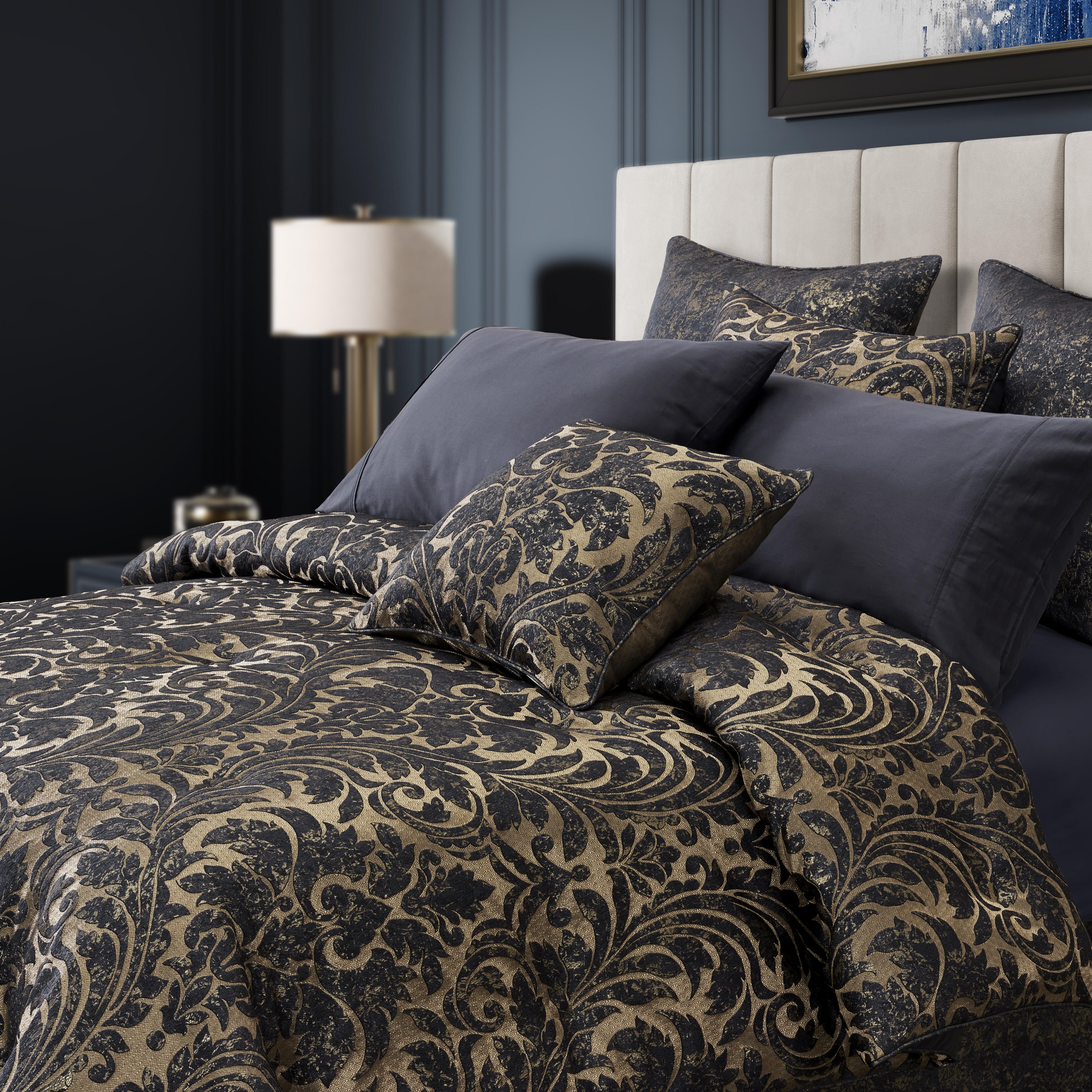 J. Queen New York Glimmerstone 4 Piece King Comforter Set, Indigo/Gold, large