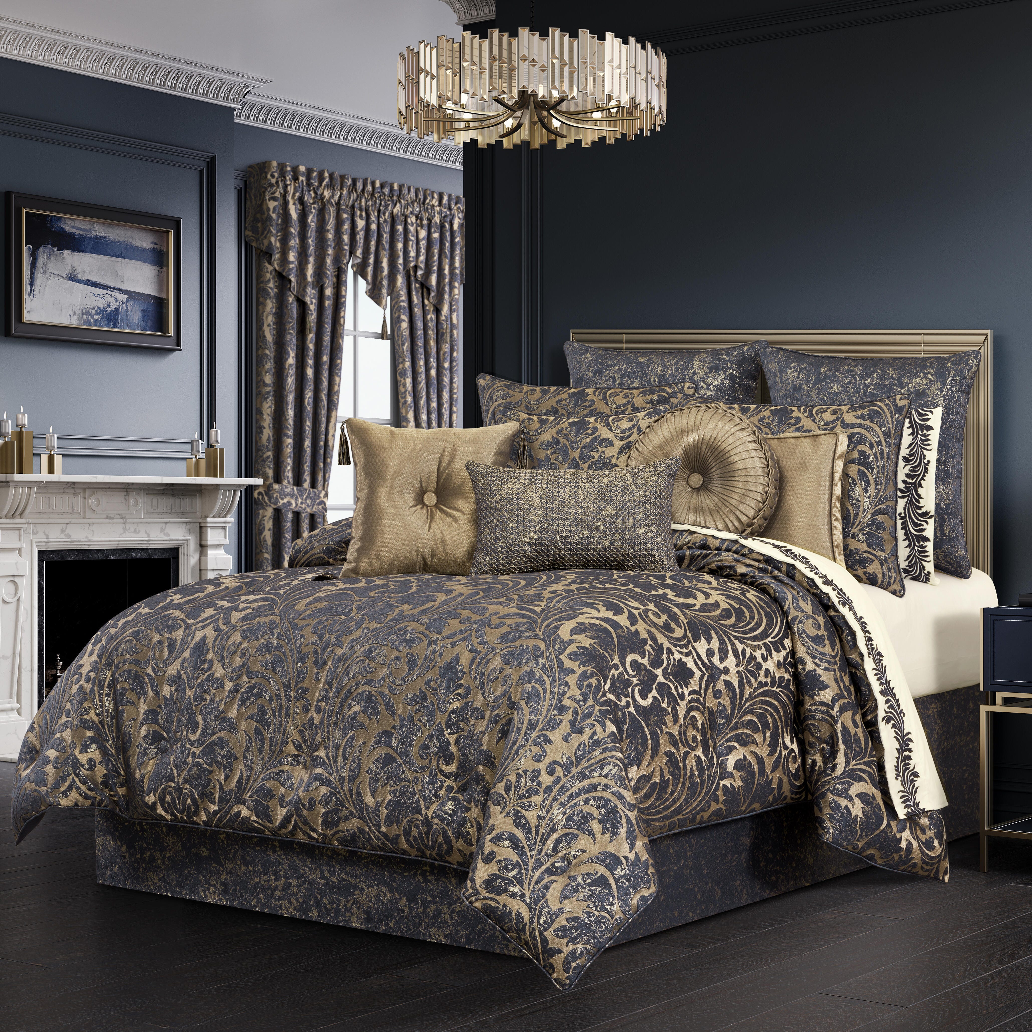 J. Queen New York Glimmerstone 4 Piece Queen Comforter Set, Indigo/Gold, large
