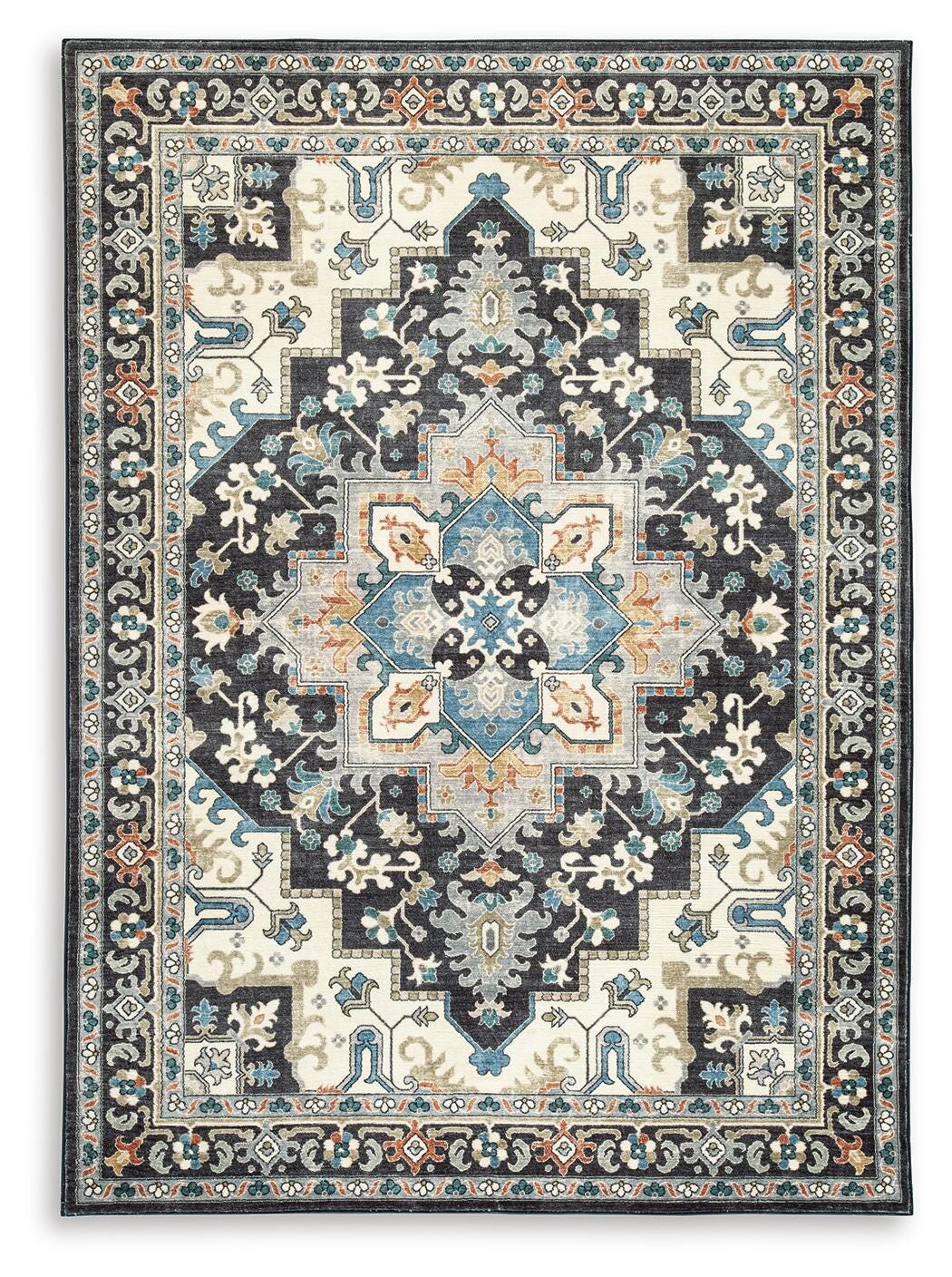 Leningston 8' x 10' Washable Rug, Black/Cream/Blue, large