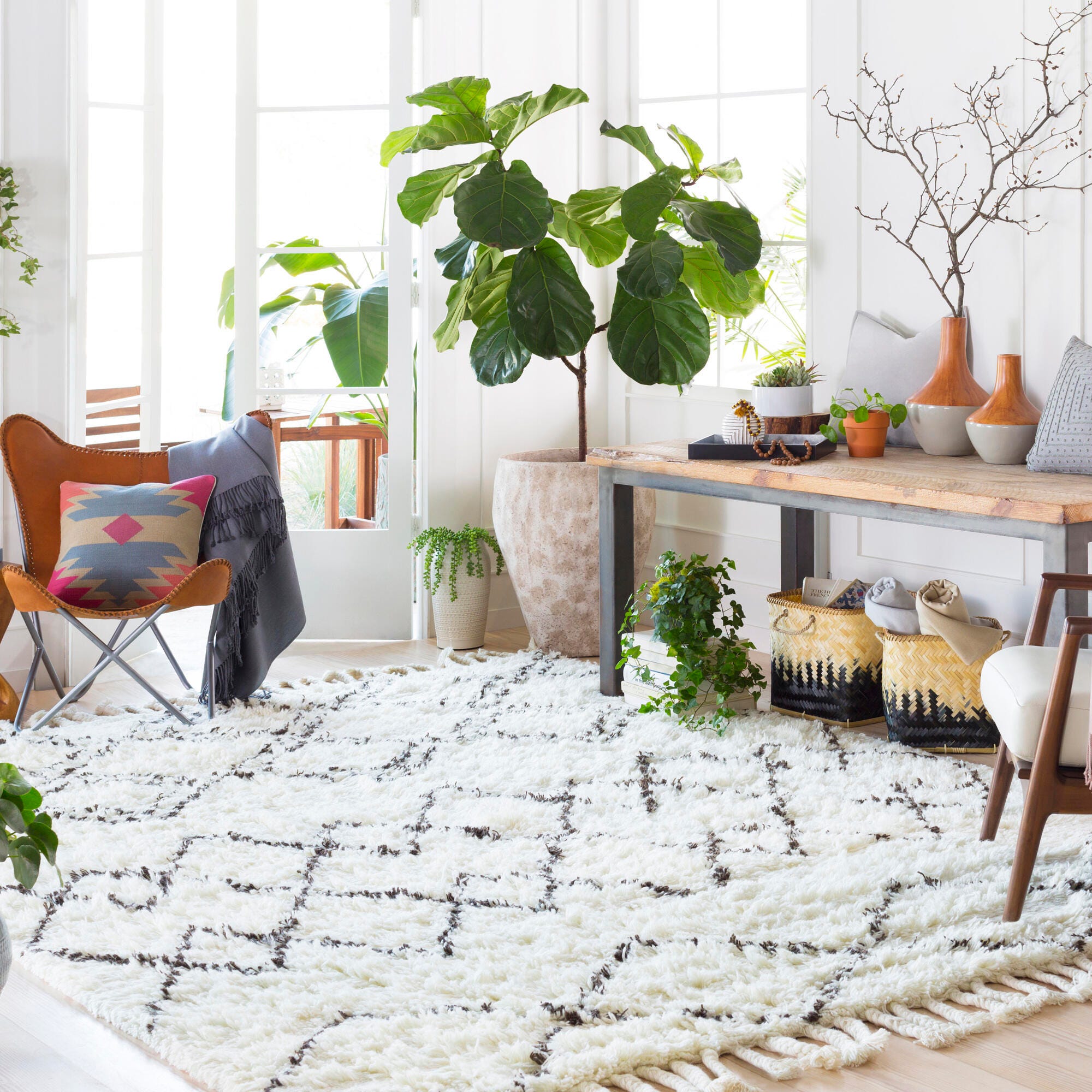 Hand Crafted Tassel Area Rug, White/Camel, large