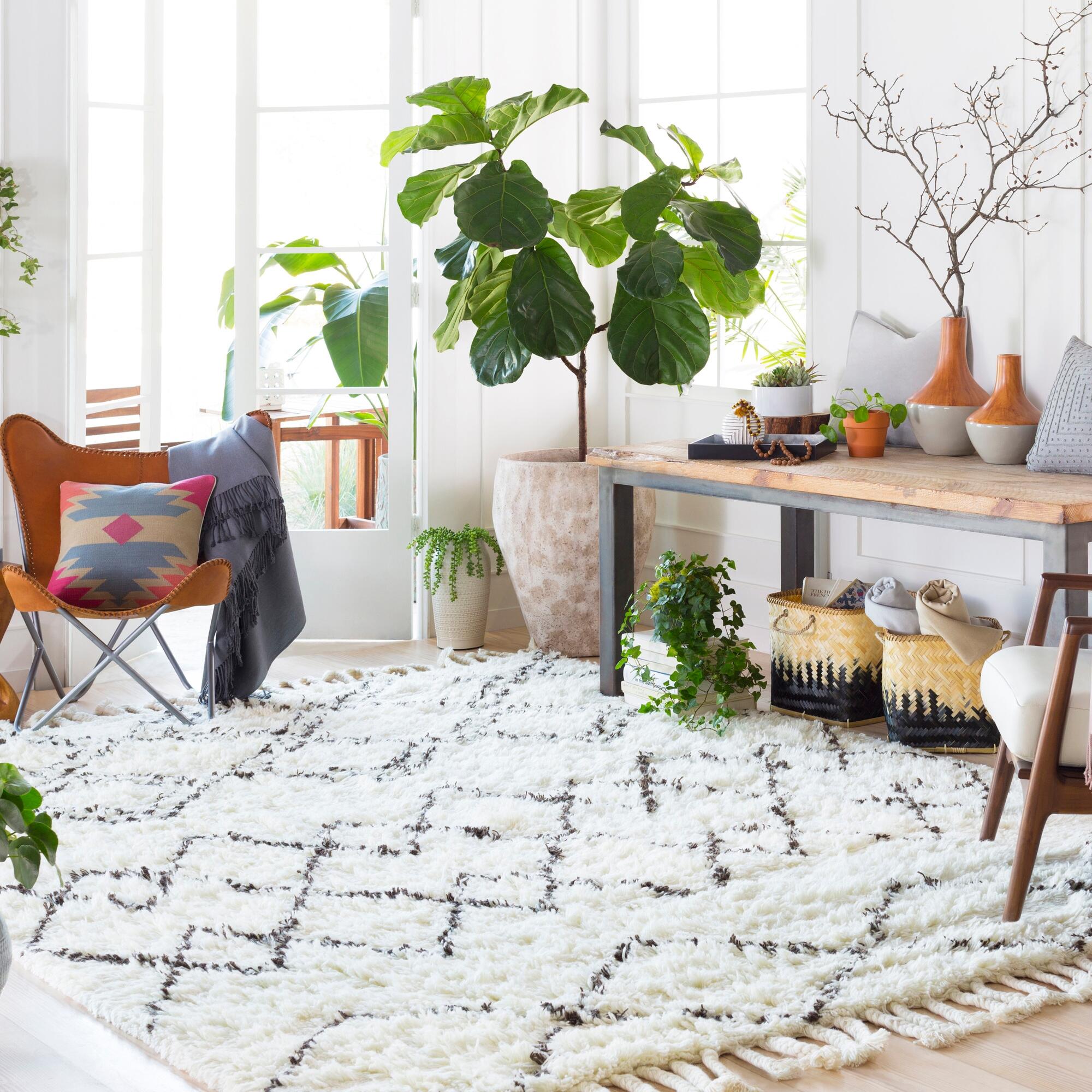 Hand Crafted Tassel Area Rug, White/Camel, large