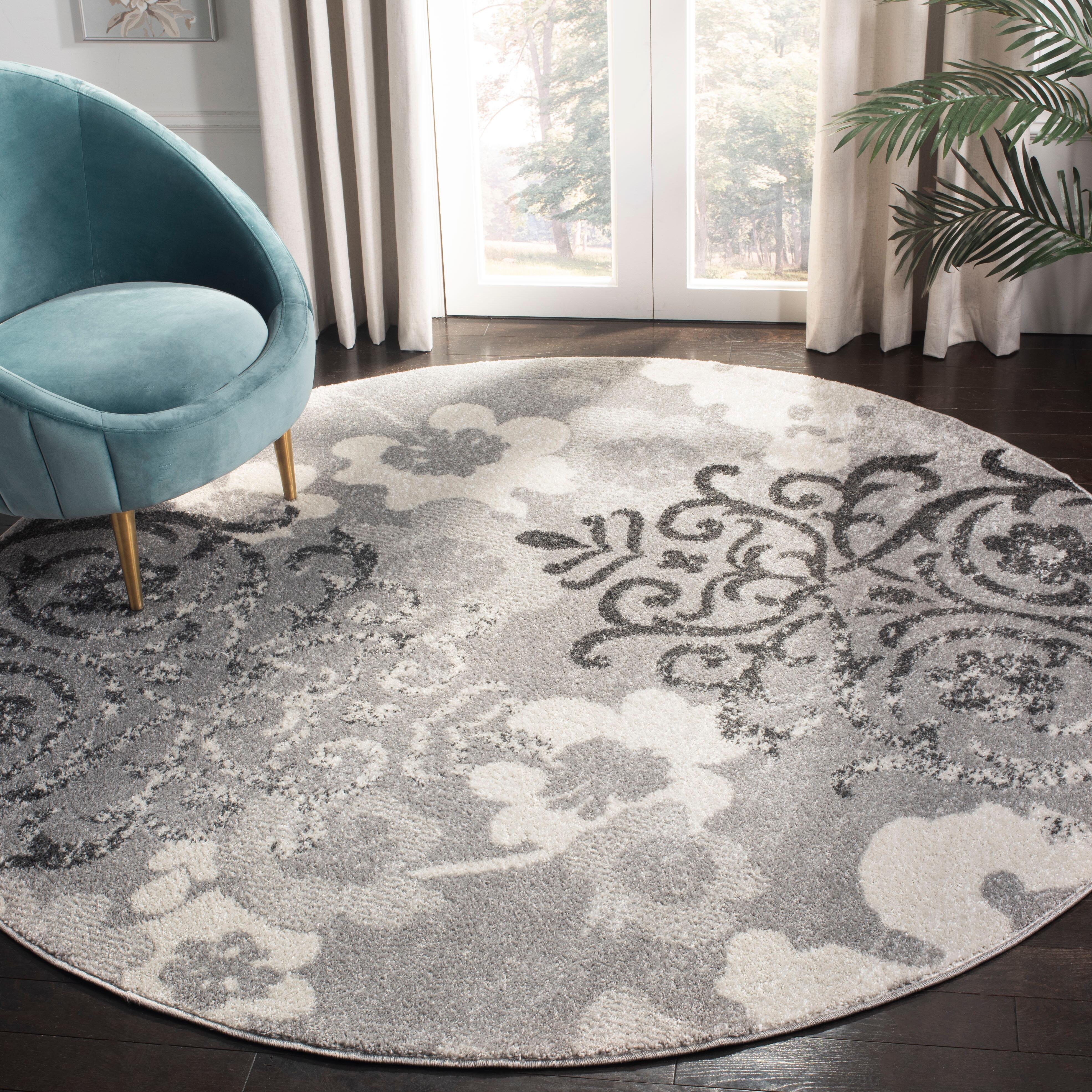 Abstract 7' x 7' Round Rug, Silver/Ivory, rollover