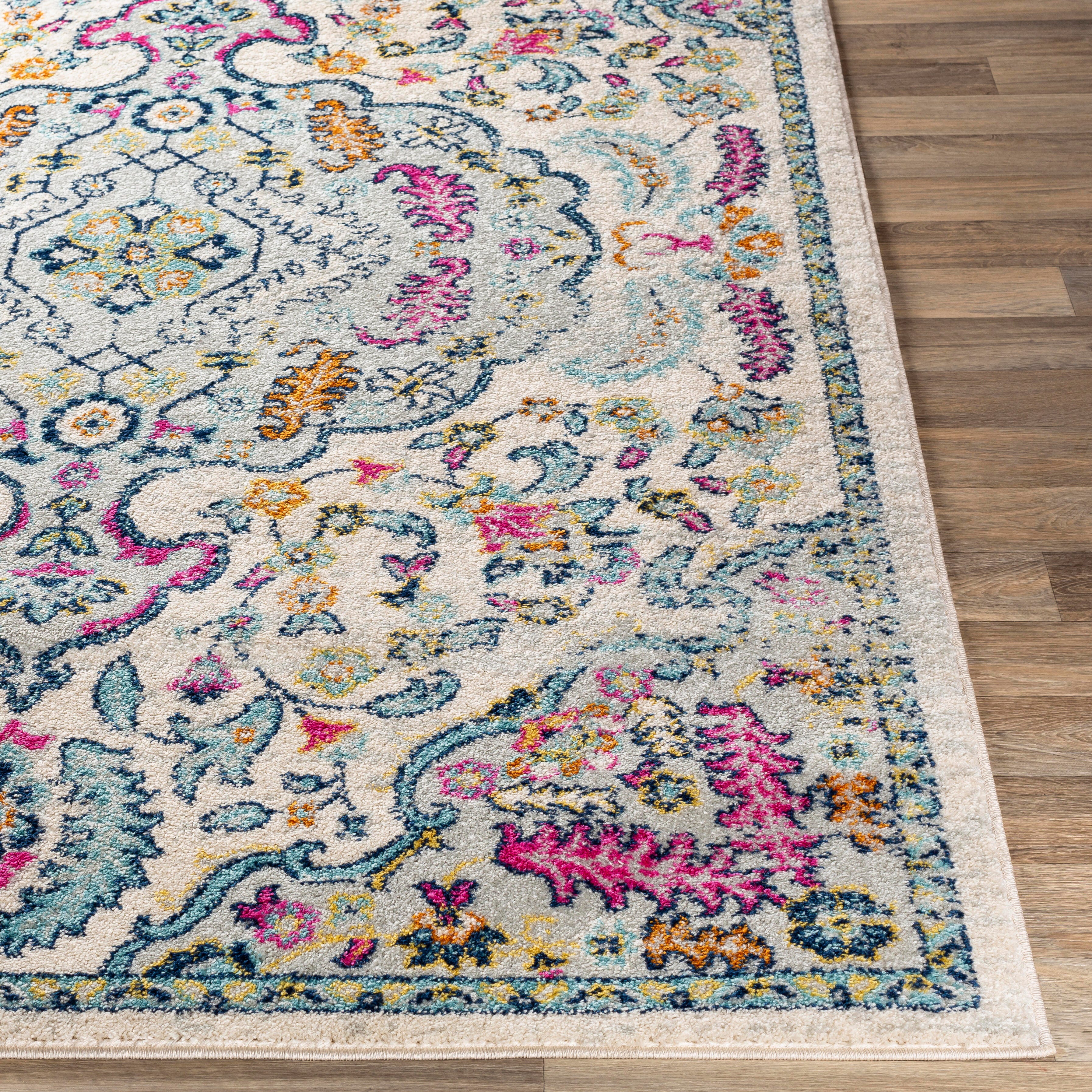 Hand Tufted 5'3" x 7'3" Area Rug, Aqua/Bright Pink/Navy, large