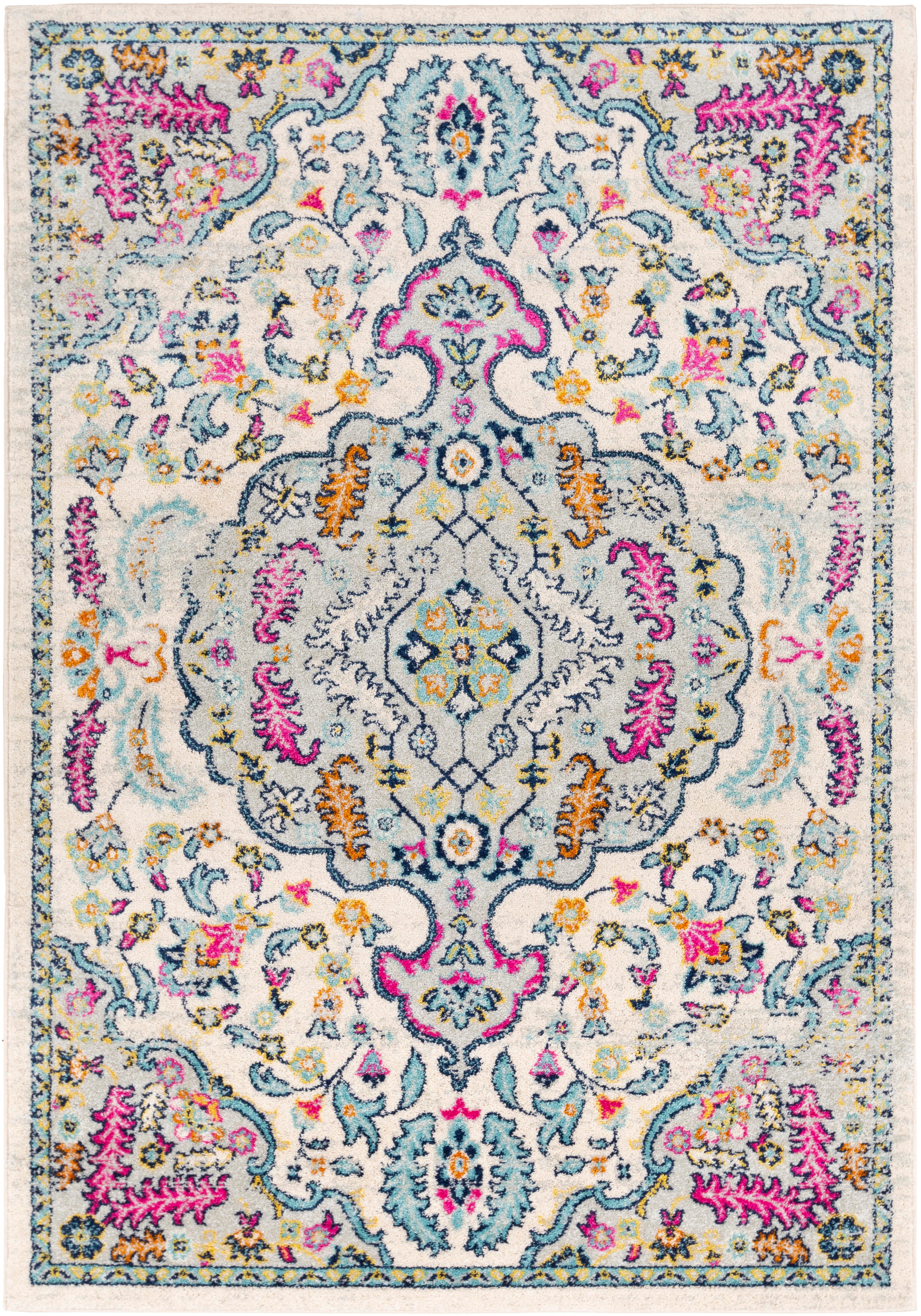 Hand Tufted 6'7" x 9' Area Rug, Aqua/Bright Pink/Navy, rollover
