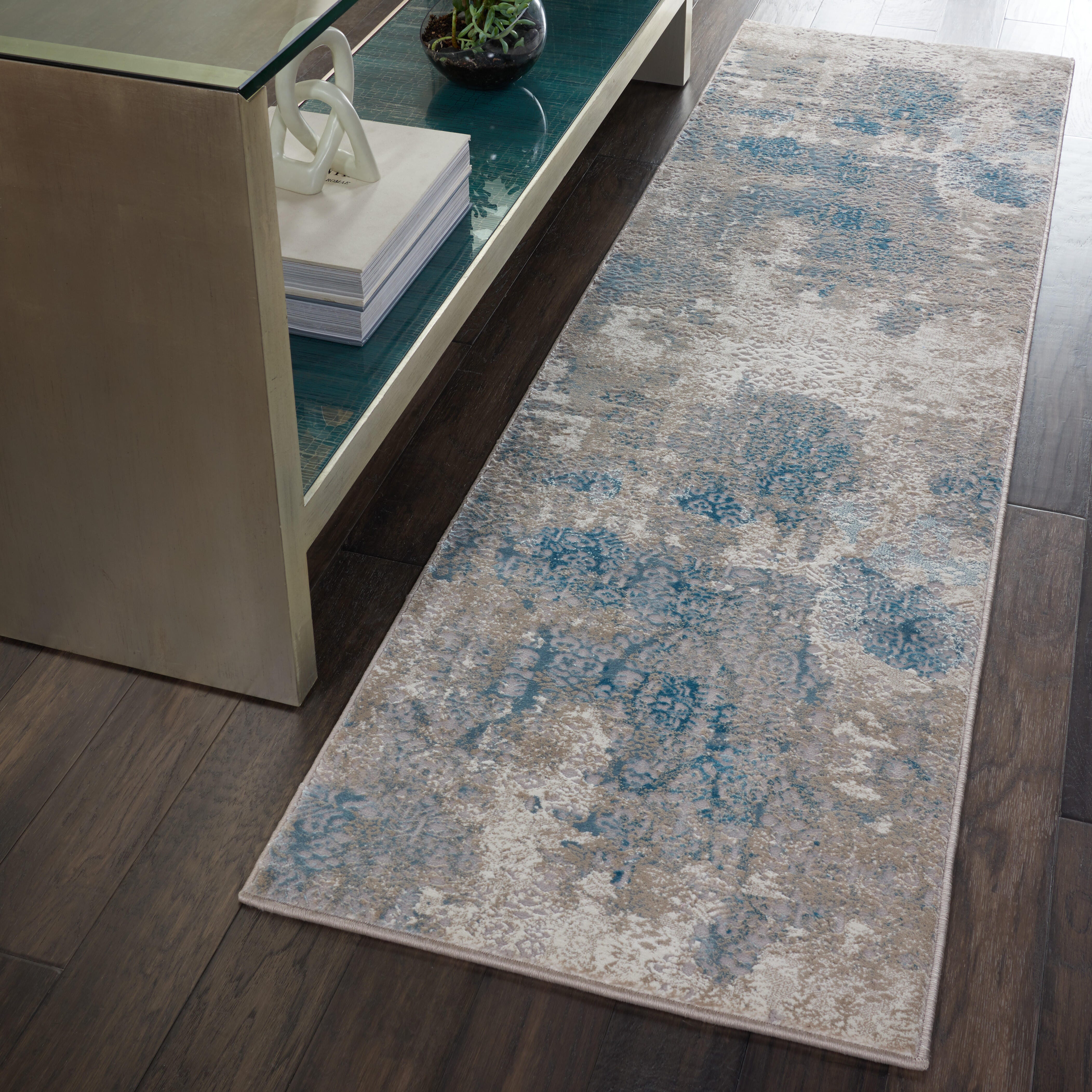 Nourison Home Karma Taupe And Blue 8' Runner Hallway Rug, Ivory/Light Blue, rollover