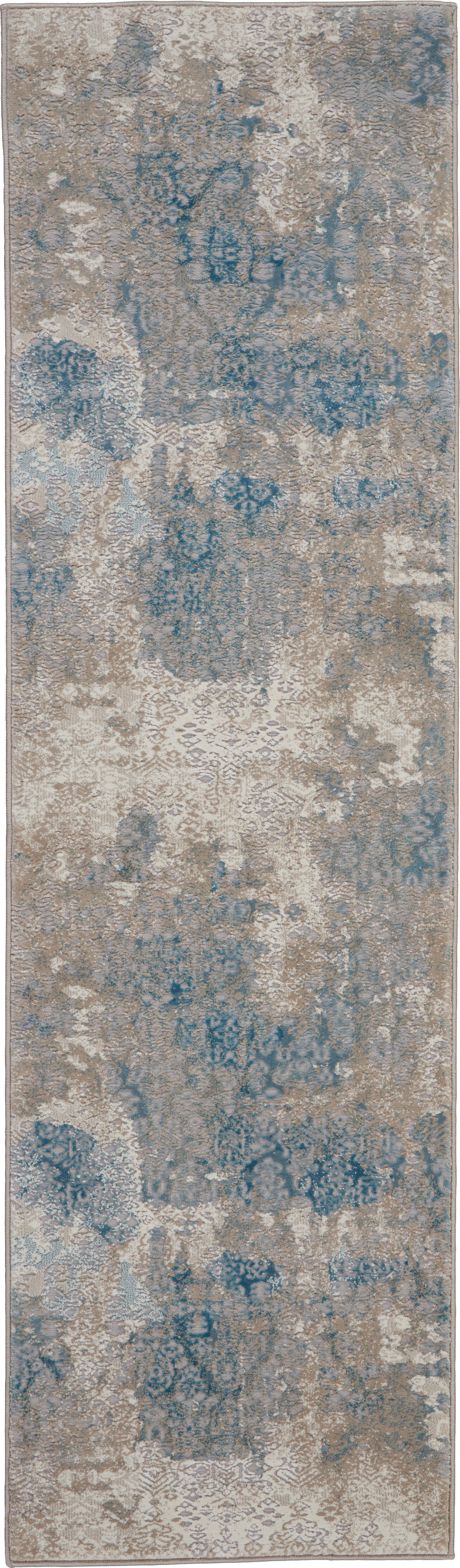 Nourison Home Karma Taupe And Blue 8' Runner Hallway Rug, Ivory/Light Blue, large