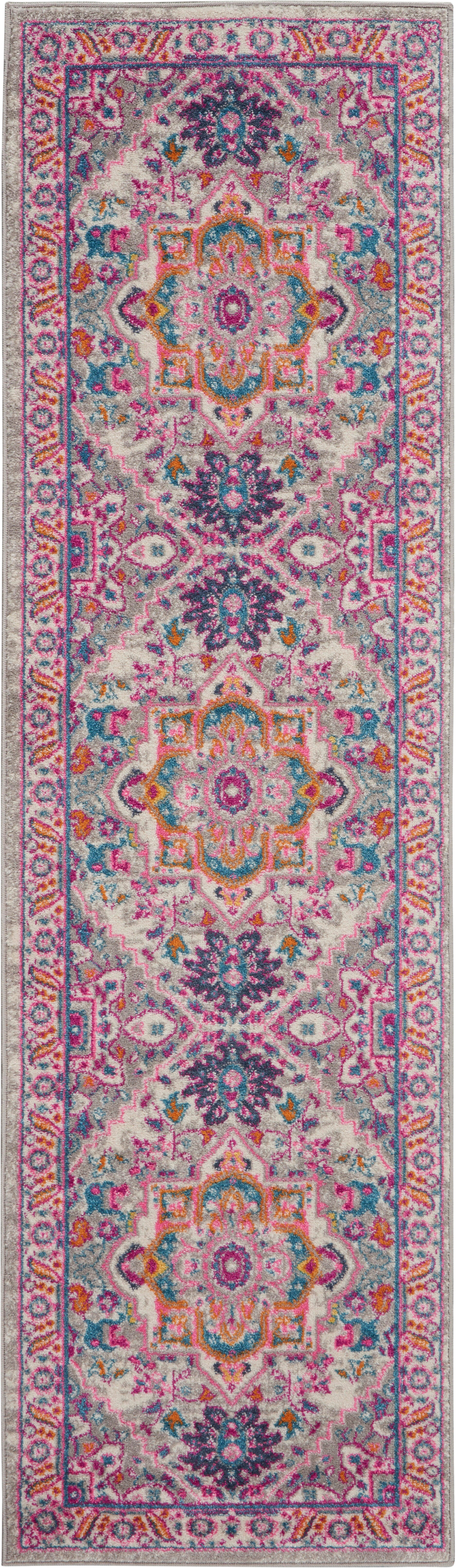 Nourison Nourison Passion 2'2" x 10' Light Grey/Pink Bohemian Indoor Rug, Light Gray/Pink, large