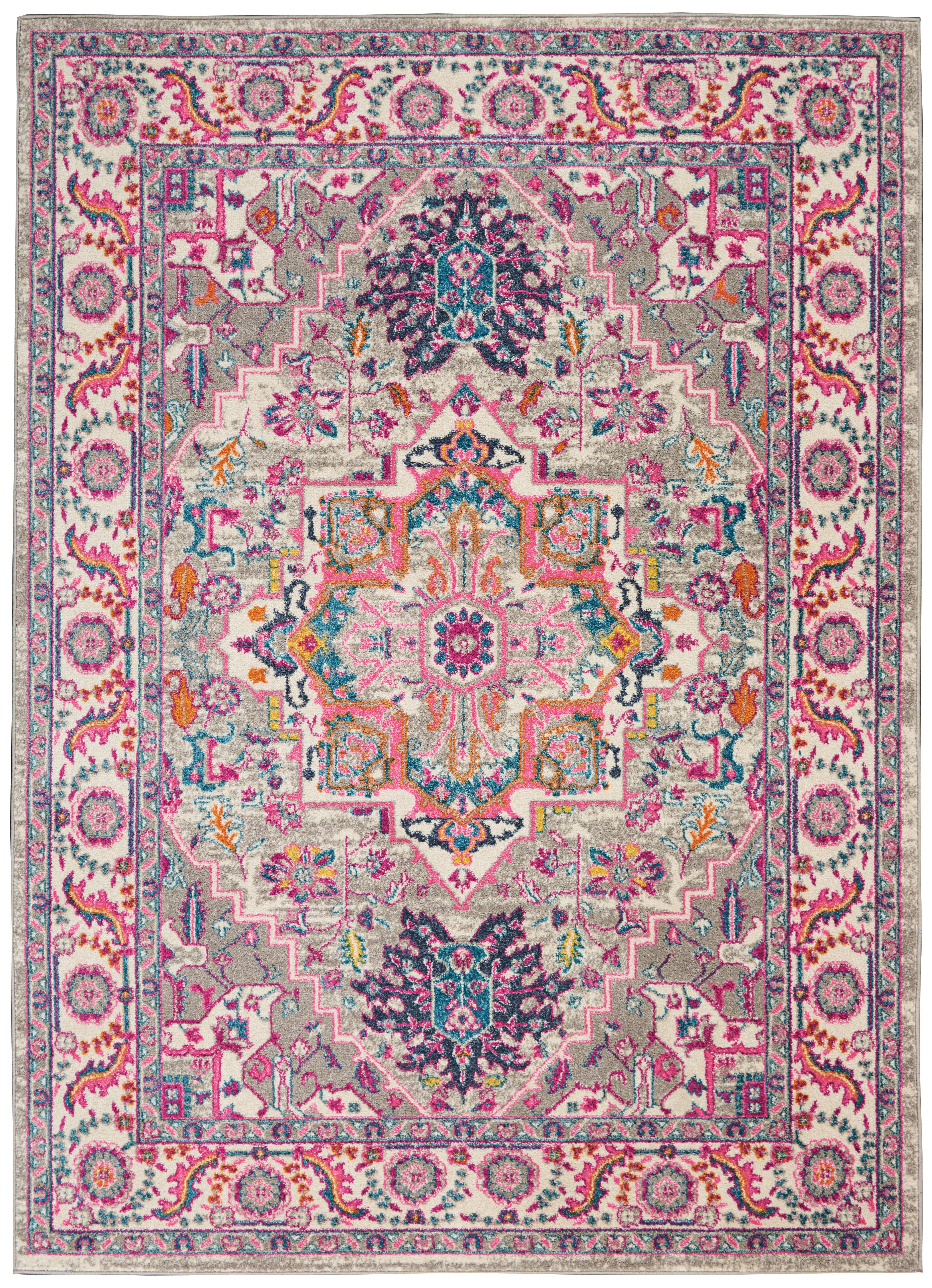 Nourison Nourison Passion 3'9" x 5'9" Light Grey/Pink Bohemian Indoor Rug, Light Gray/Pink, large