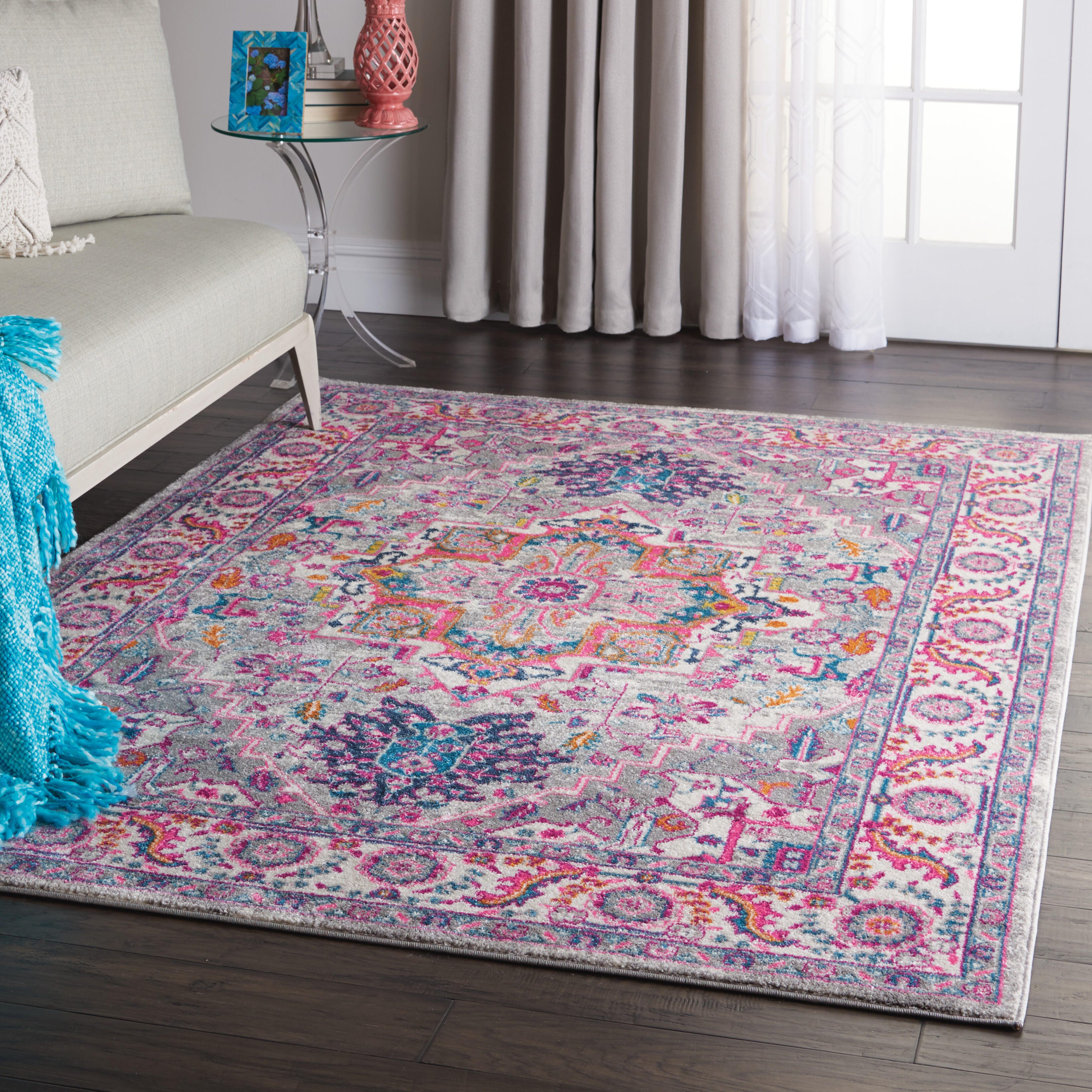 Nourison Nourison Passion 5'3" x 7'3" Light Grey/Pink Bohemian Indoor Rug, Light Gray/Pink, large