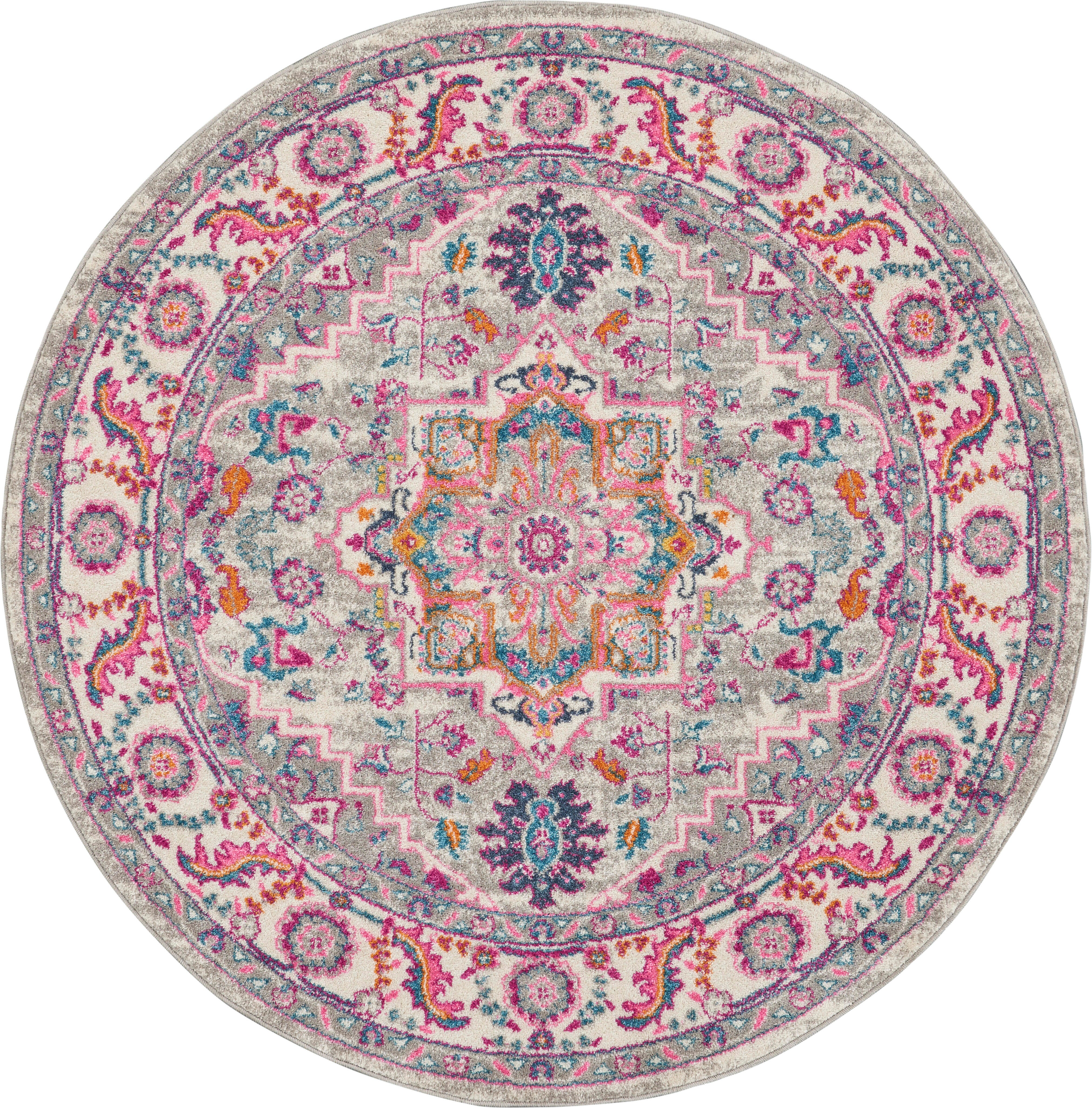 Nourison Nourison Passion 5'3" x ROUND Light Grey/Pink Bohemian Indoor Rug, Light Gray/Pink, rollover