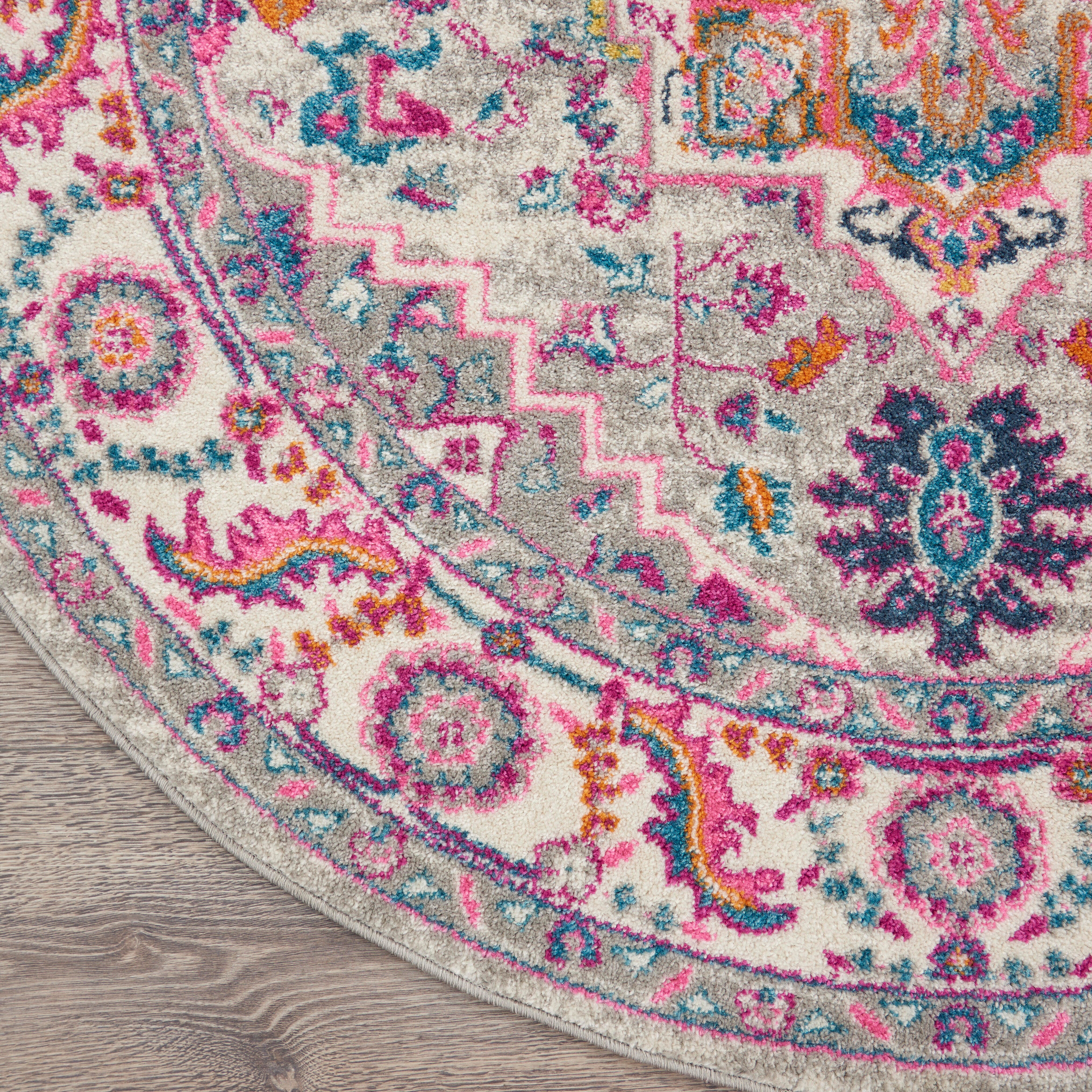 Nourison Nourison Passion 5'3" x ROUND Light Grey/Pink Bohemian Indoor Rug, Light Gray/Pink, large