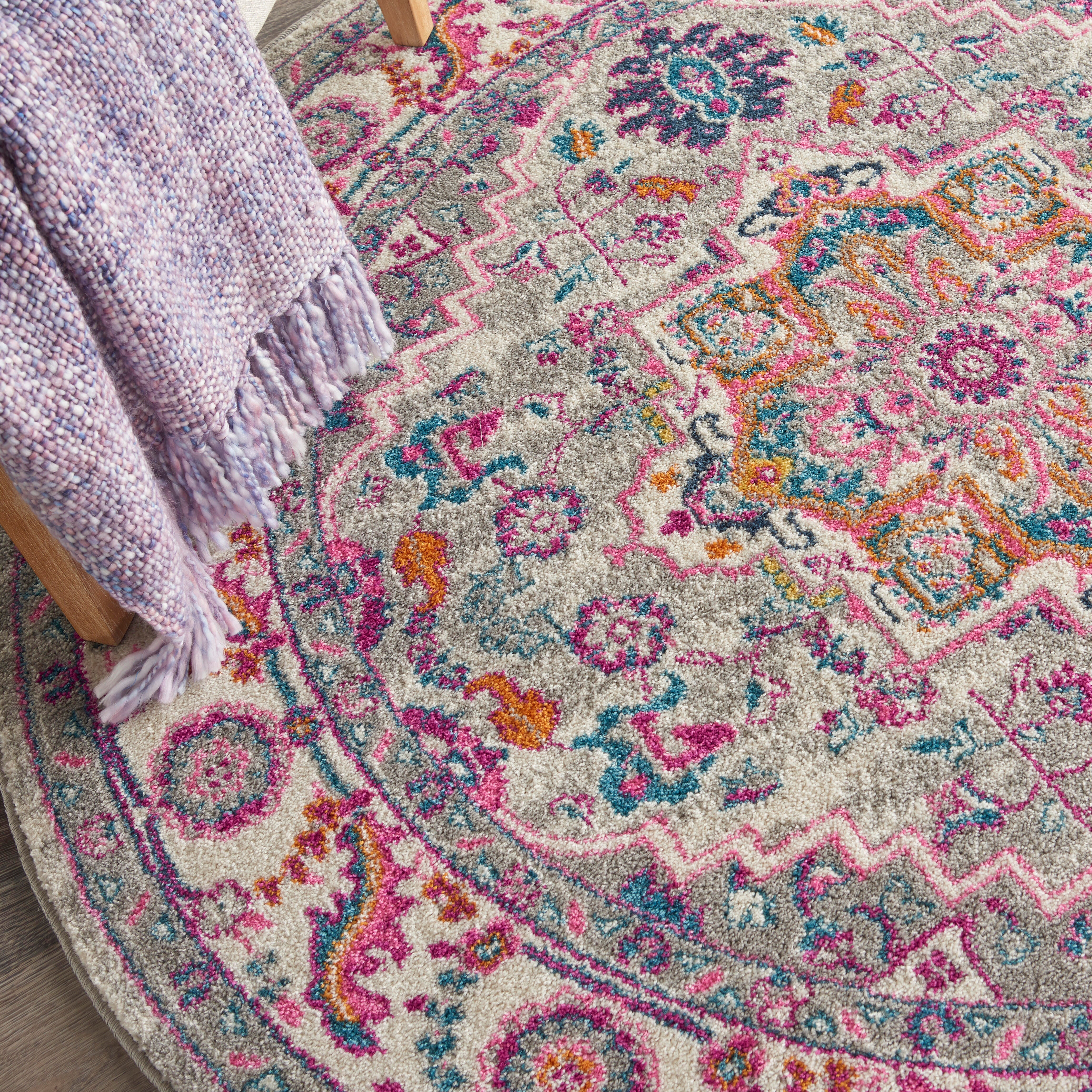 Nourison Nourison Passion 5'3" x ROUND Light Grey/Pink Bohemian Indoor Rug, Light Gray/Pink, large