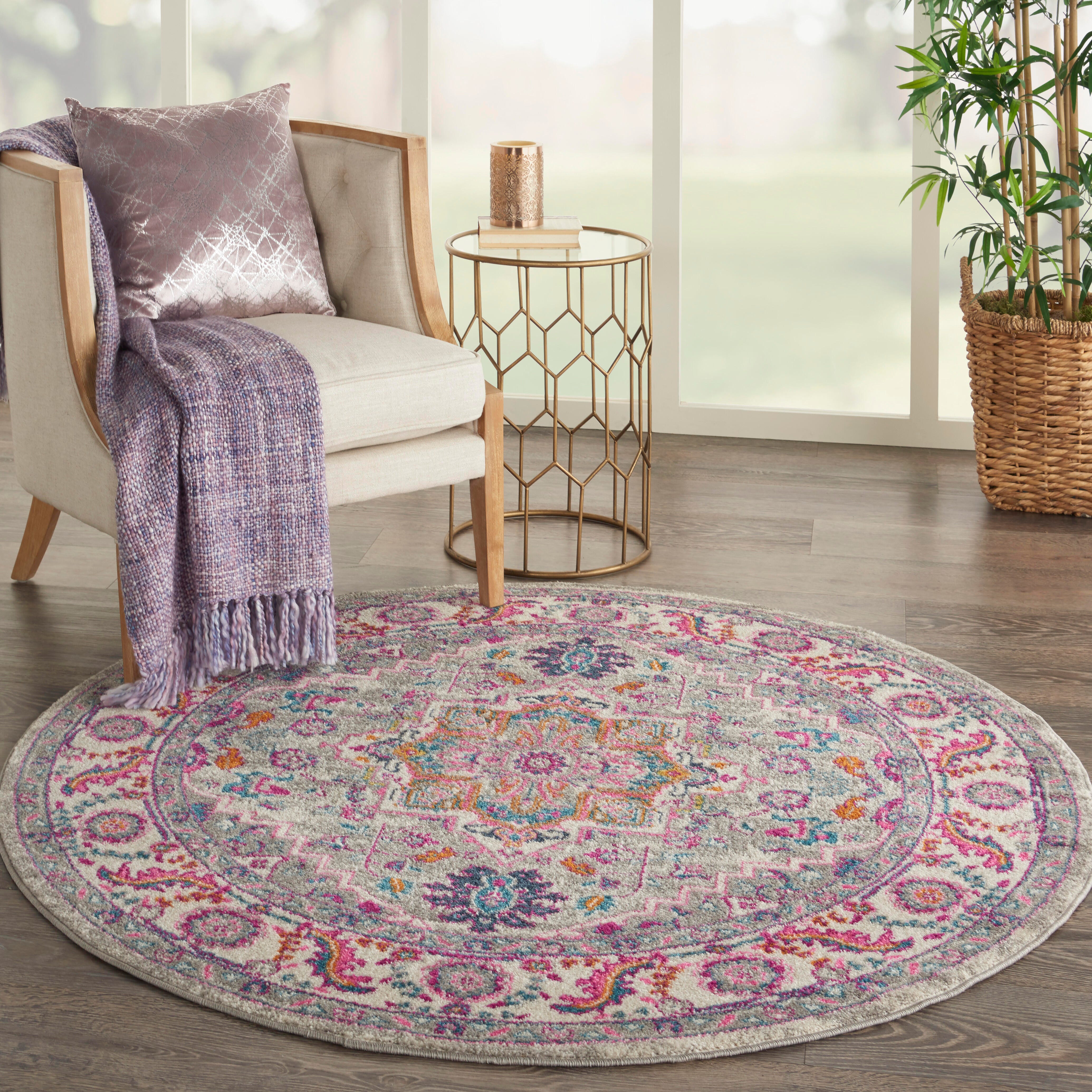 Nourison Nourison Passion 5'3" x ROUND Light Grey/Pink Bohemian Indoor Rug, Light Gray/Pink, large