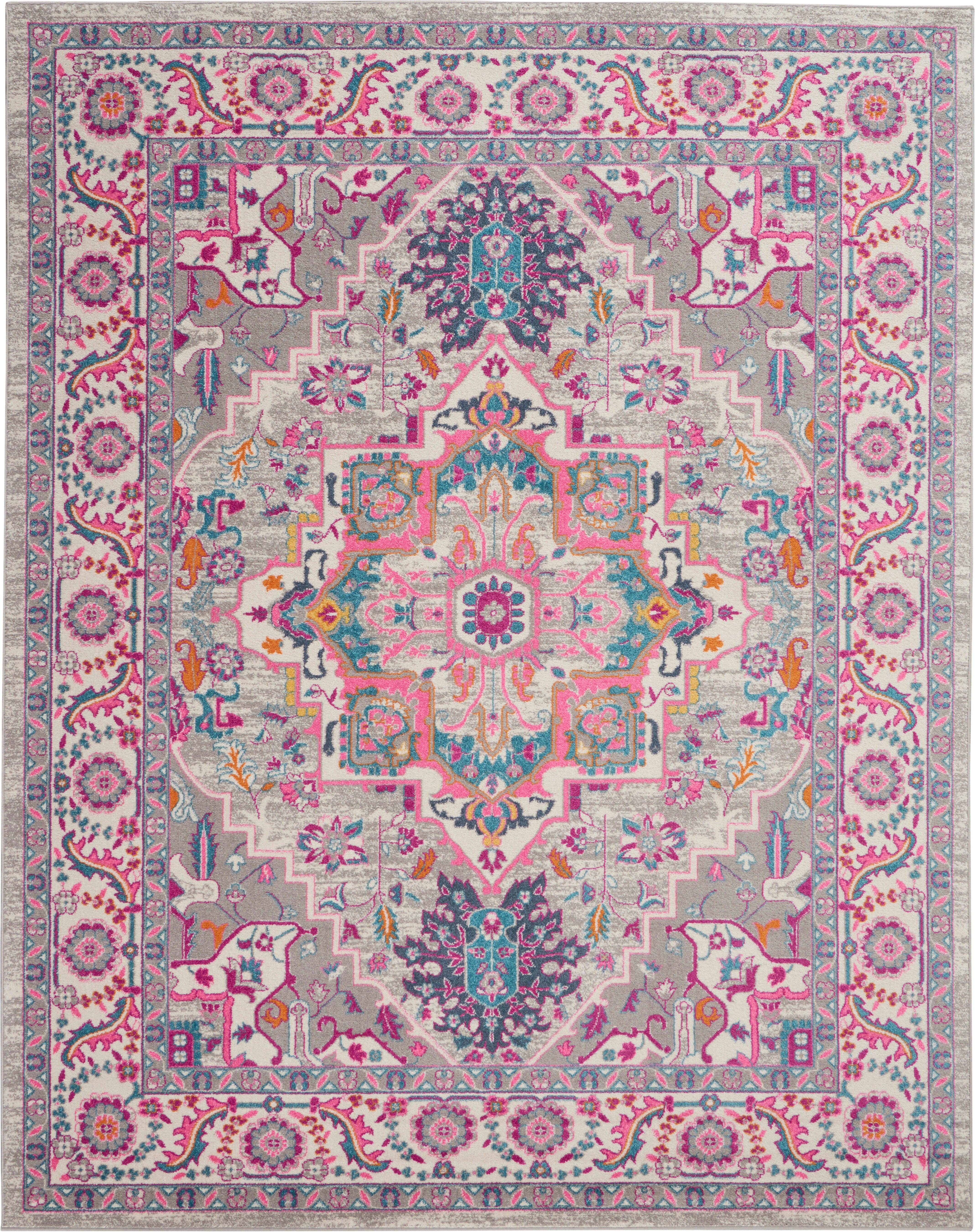 Nourison Nourison Passion 6'7" x 9'6" Light Grey/Pink Bohemian Indoor Rug, Light Gray/Pink, large